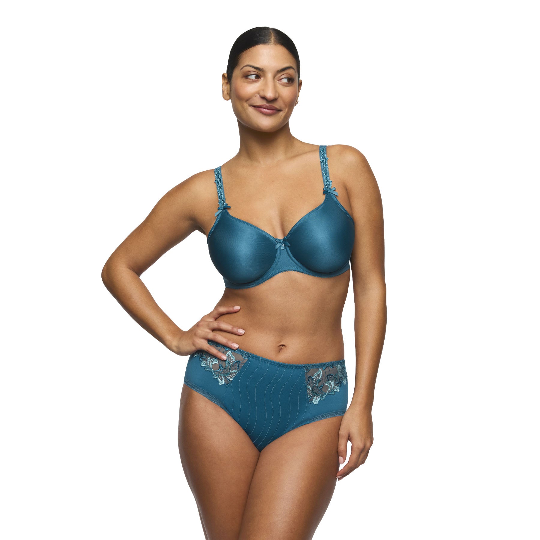 PrimaDonna Seamless Deauville full cup bra in Peacock blue with matching full brief on model, front view