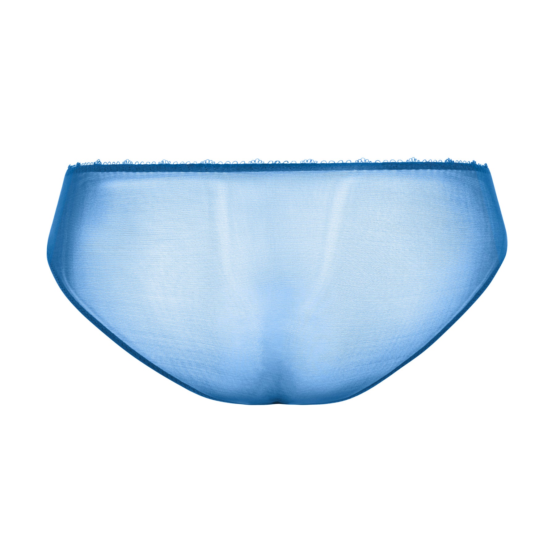 Agathe bikini brief in Bleu Lazuli with smooth sheer mesh back and delicate picot trim waistband.