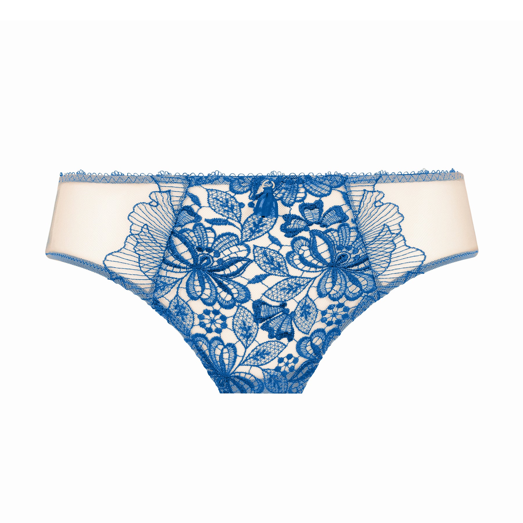 Agathe bikini brief in Bleu Lazuli featuring intricate floral embroidery on sheer nude tulle with side mesh panels.