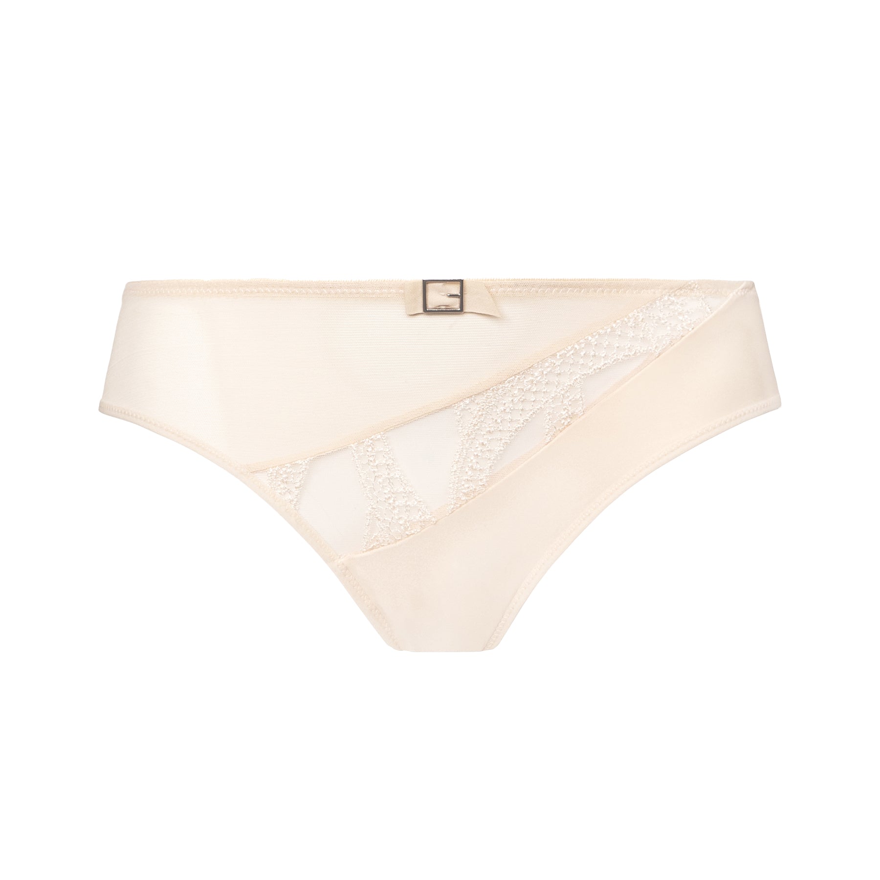 A close-up of a nude-colored lace and mesh bikini brief featuring a delicate asymmetrical lace panel and a sleek, modern silhouette.