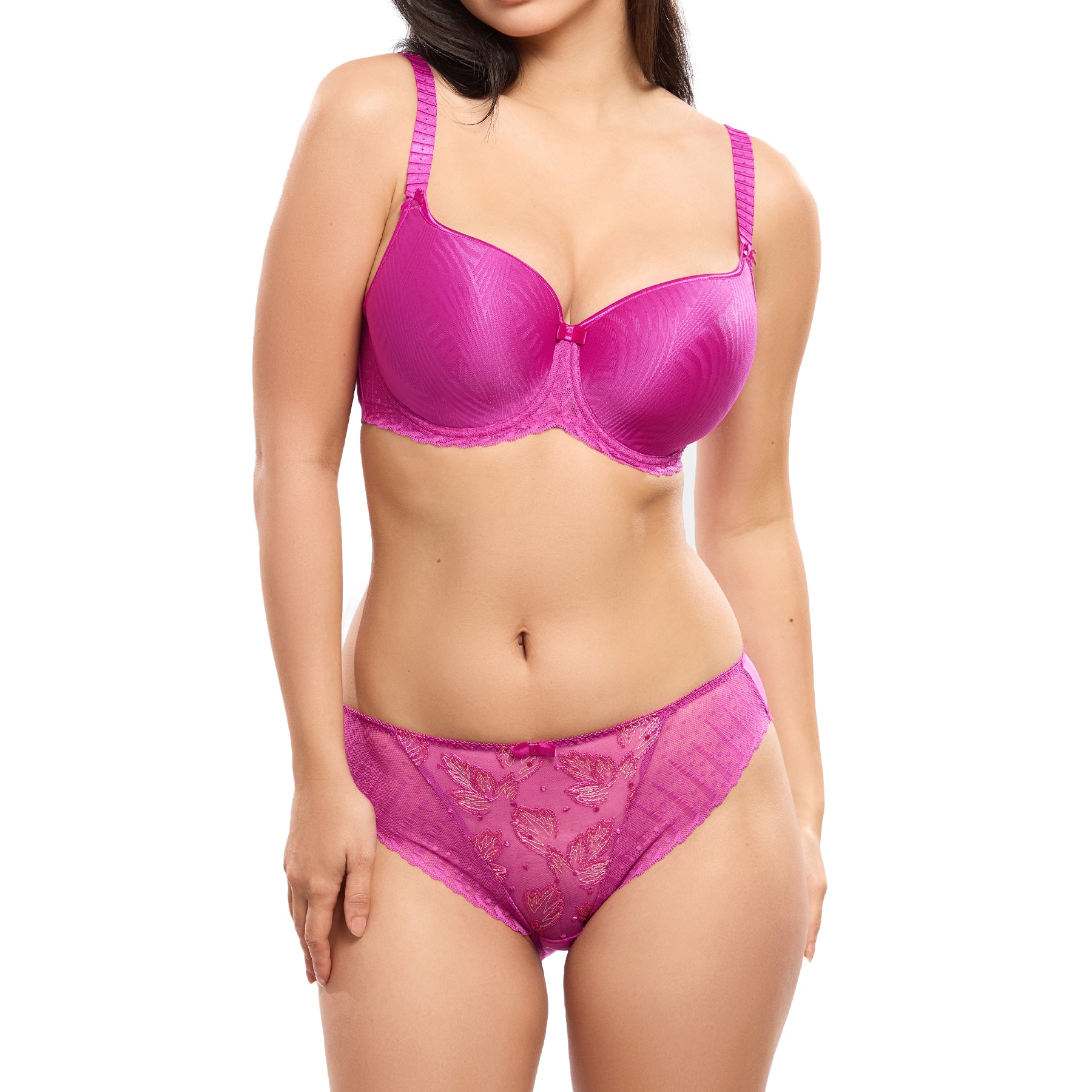 Model wearing magenta lingerie set with a full cup bra and matching embroidered panty.