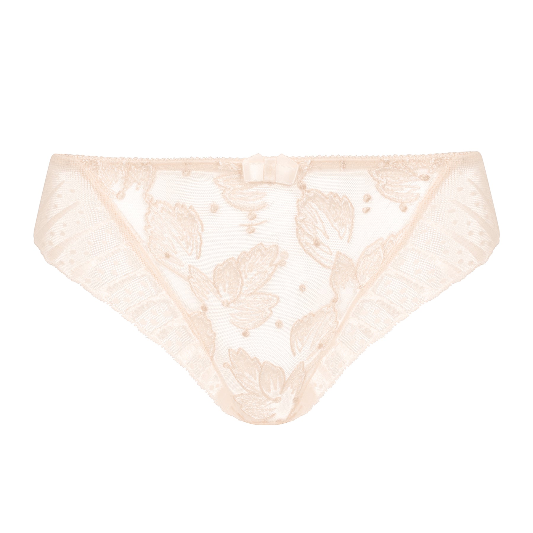 Nacre bikini brief with floral embroidered mesh front, geometric lace side panels, sheer back, and a feminine bow detail.