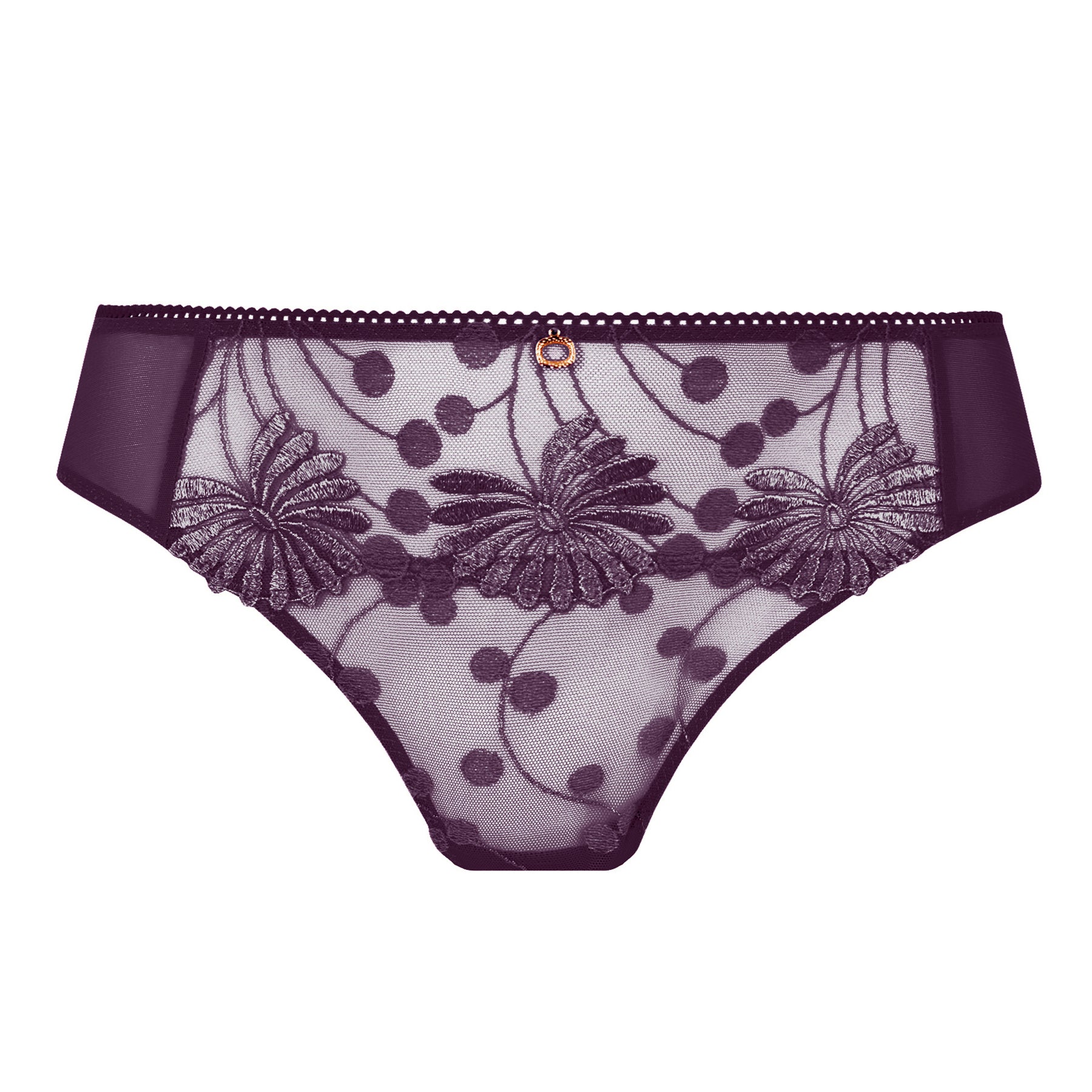 Front view of amethyst purple panties featuring sheer mesh, floral embroidery and a small gold charm.