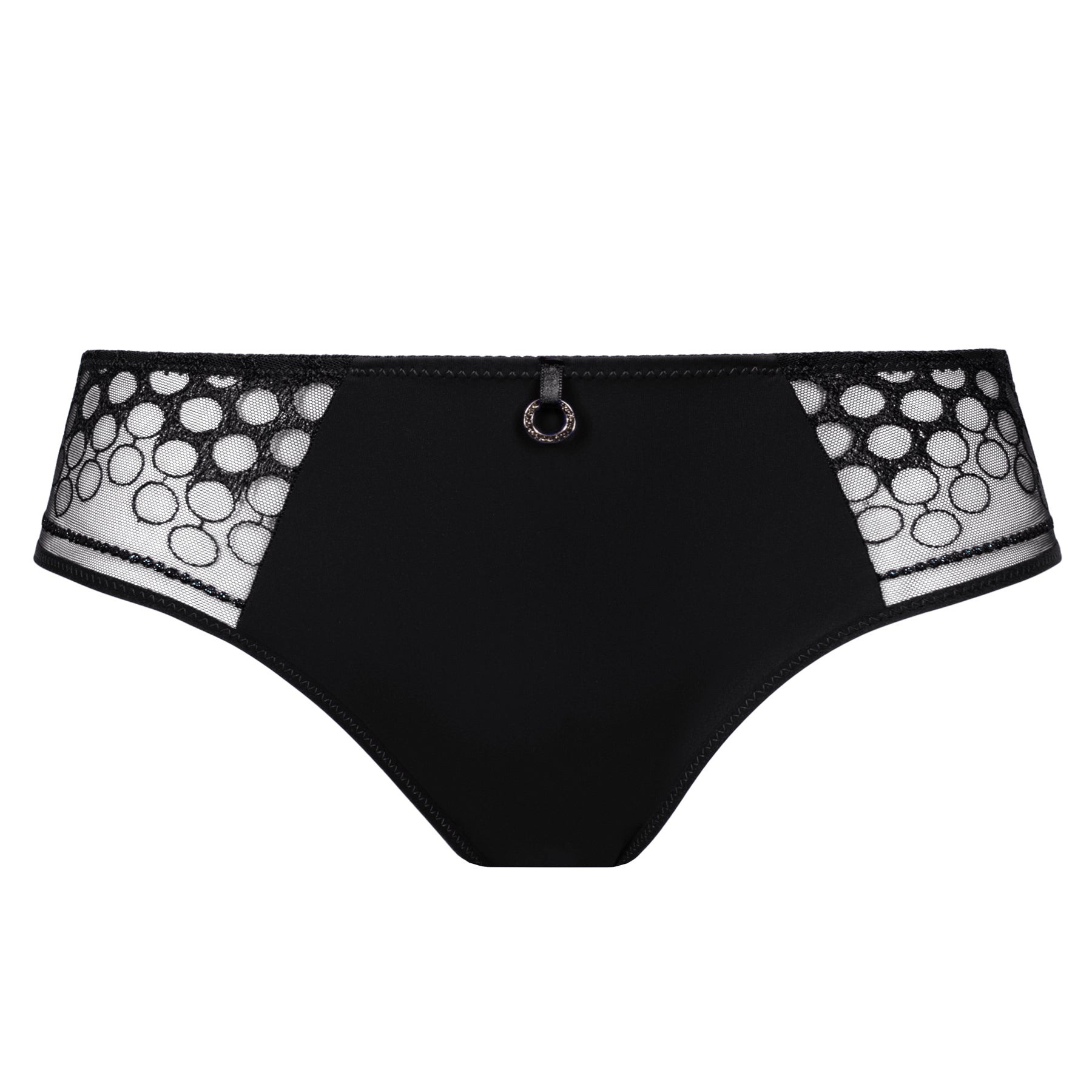 Front view of Empreinte Infinity bikini in black featuring circular lace embroidery, transparent mesh inserts, and refined feminine design.