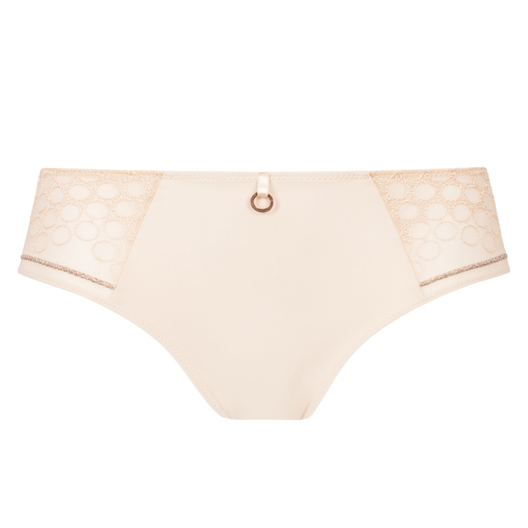 Front view of Empreinte Infinity bikini in creamy beige with elegant embroidered side panels, soft opaque fabric, and refined decorative charm.