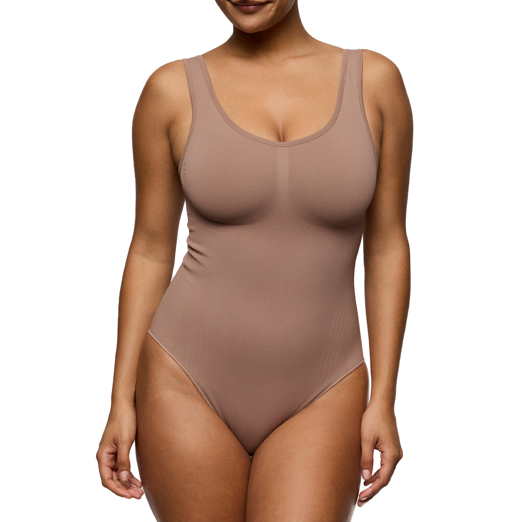 Front full-body view of model wearing mocha shaping minimizer bodysuit