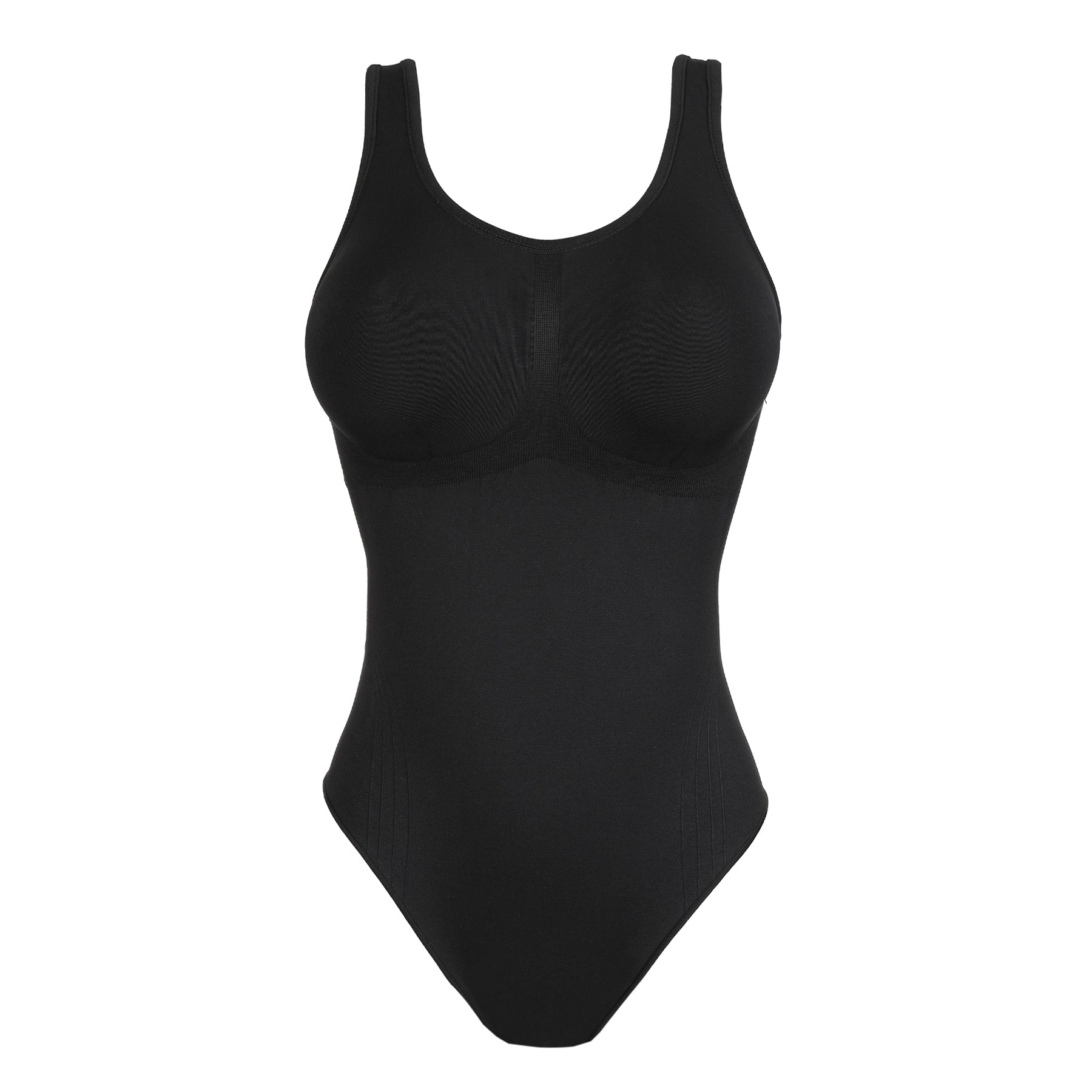 Black seamless minimizer bodysuit product image on white background, front view