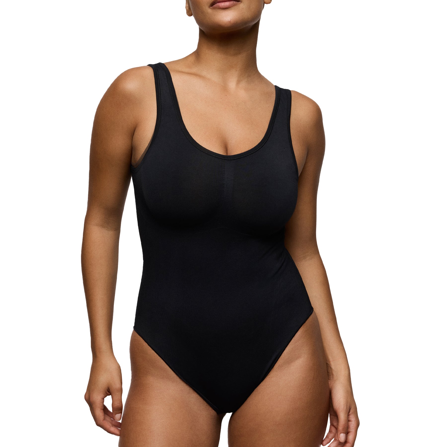 Front full-body view of model wearing black sculpting bodysuit