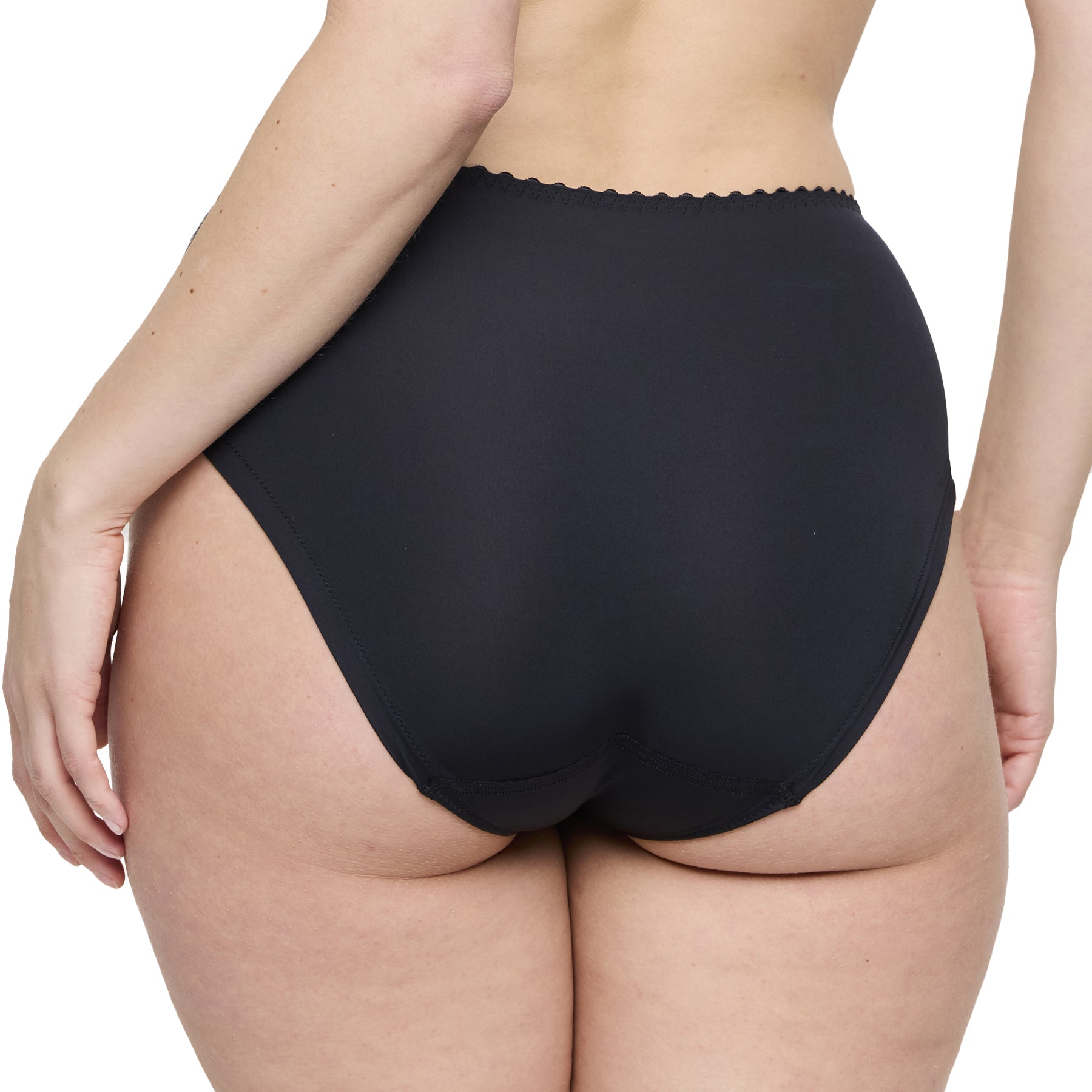 Black high-waisted bikini bottom on a white background