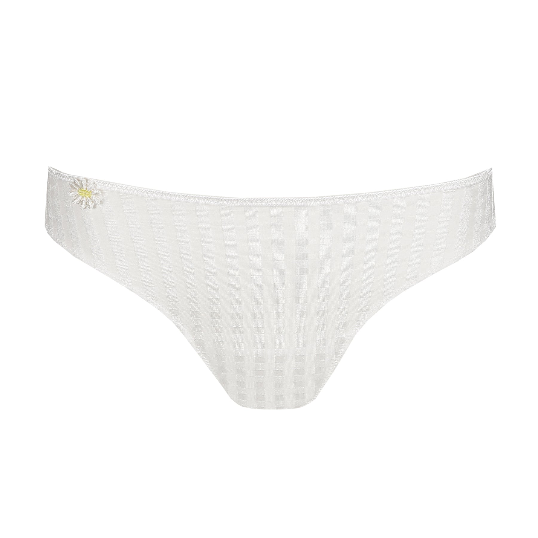 Product-only image of an ivory brief featuring a soft check-textured fabric and a small floral appliqué at the waistband.