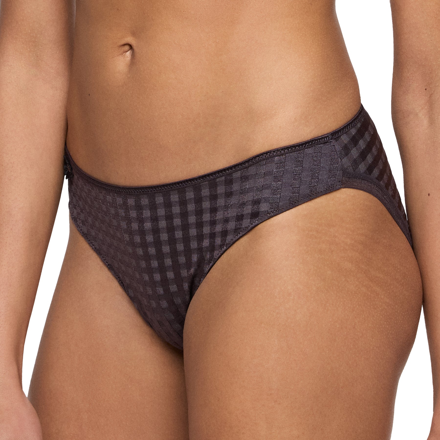 Side angle of a woman wearing a check-pattern bikini brief.