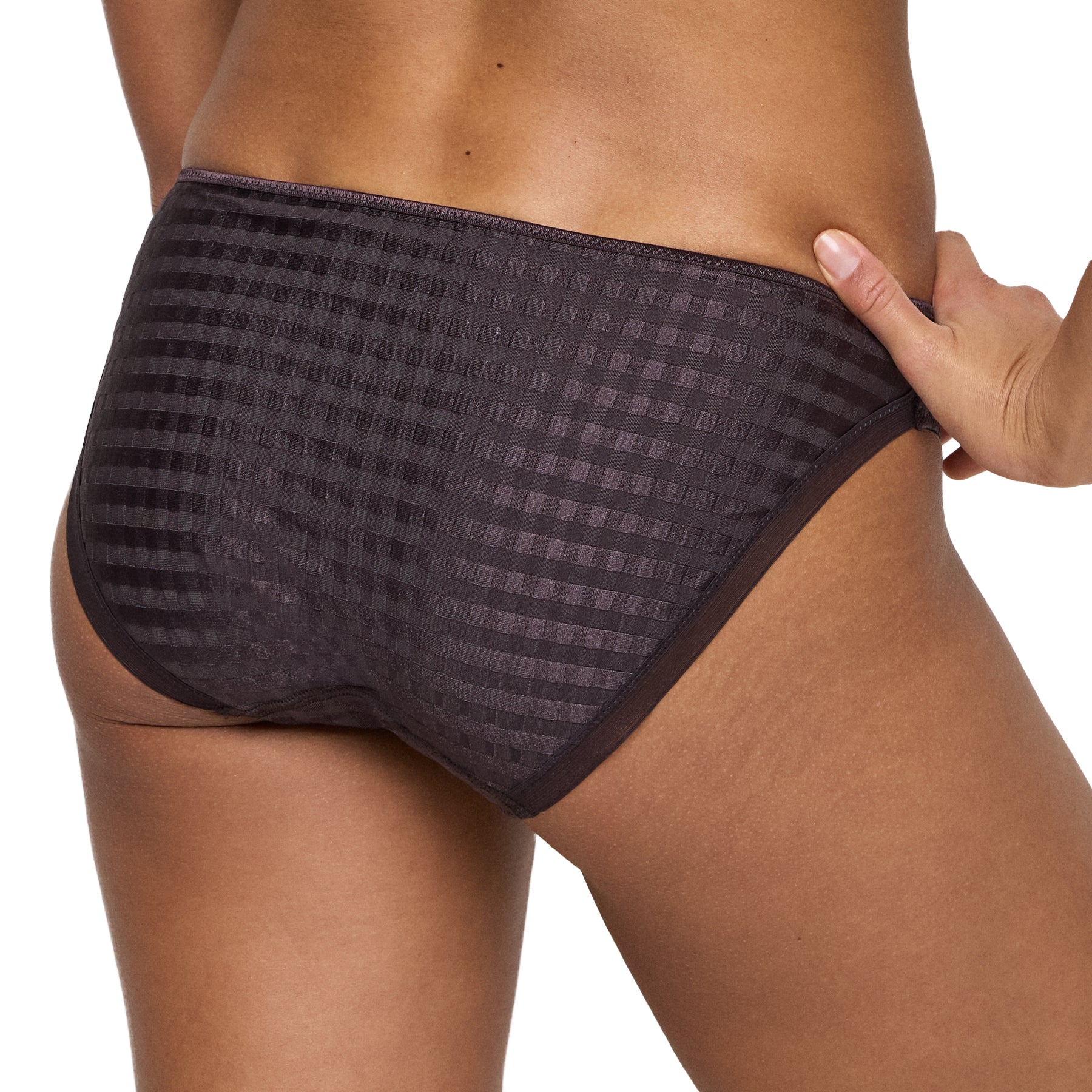 Back close-up of a woman wearing a check-pattern bikini brief.