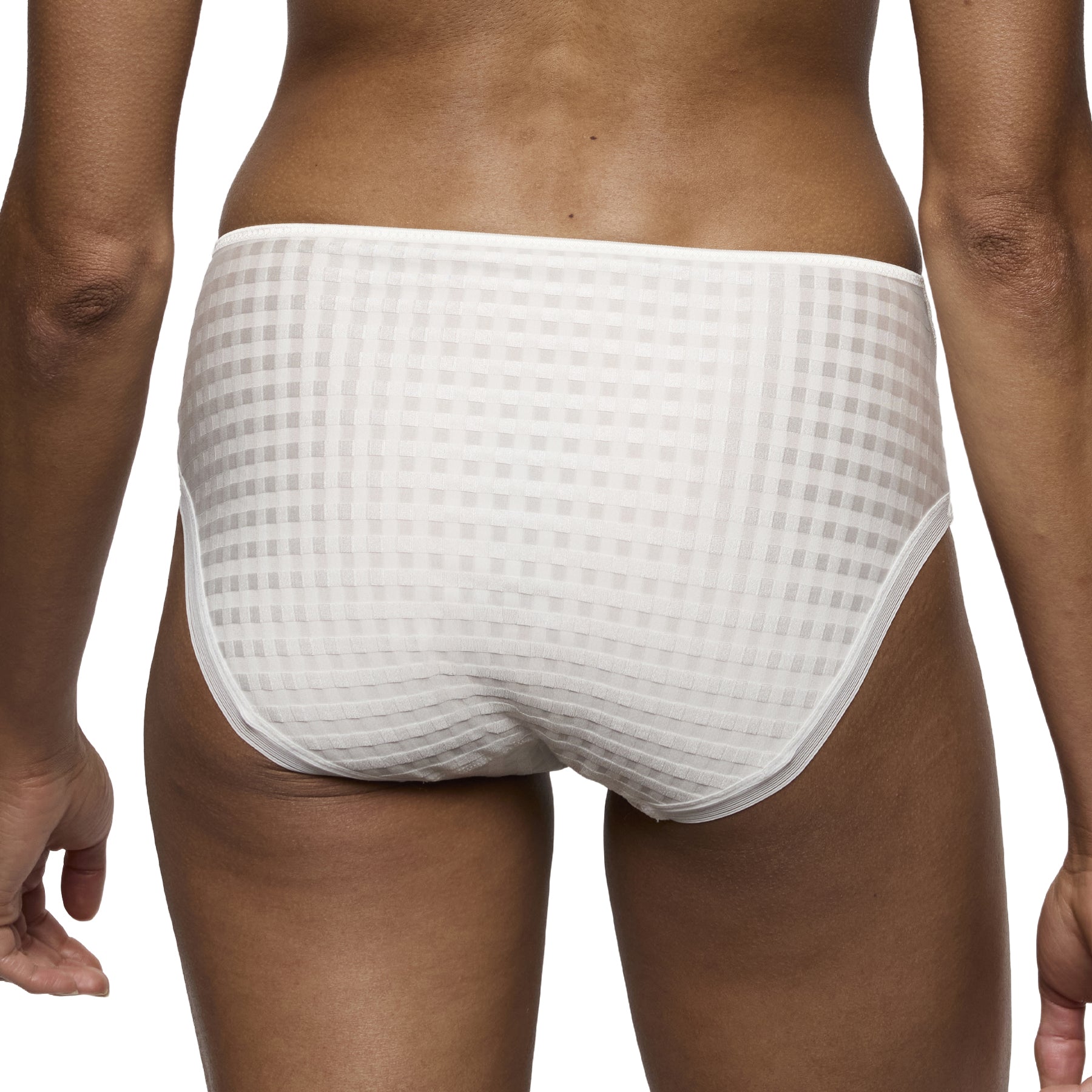 Back view of an ivory full brief worn by a model, featuring full coverage and a soft check-textured finish.
