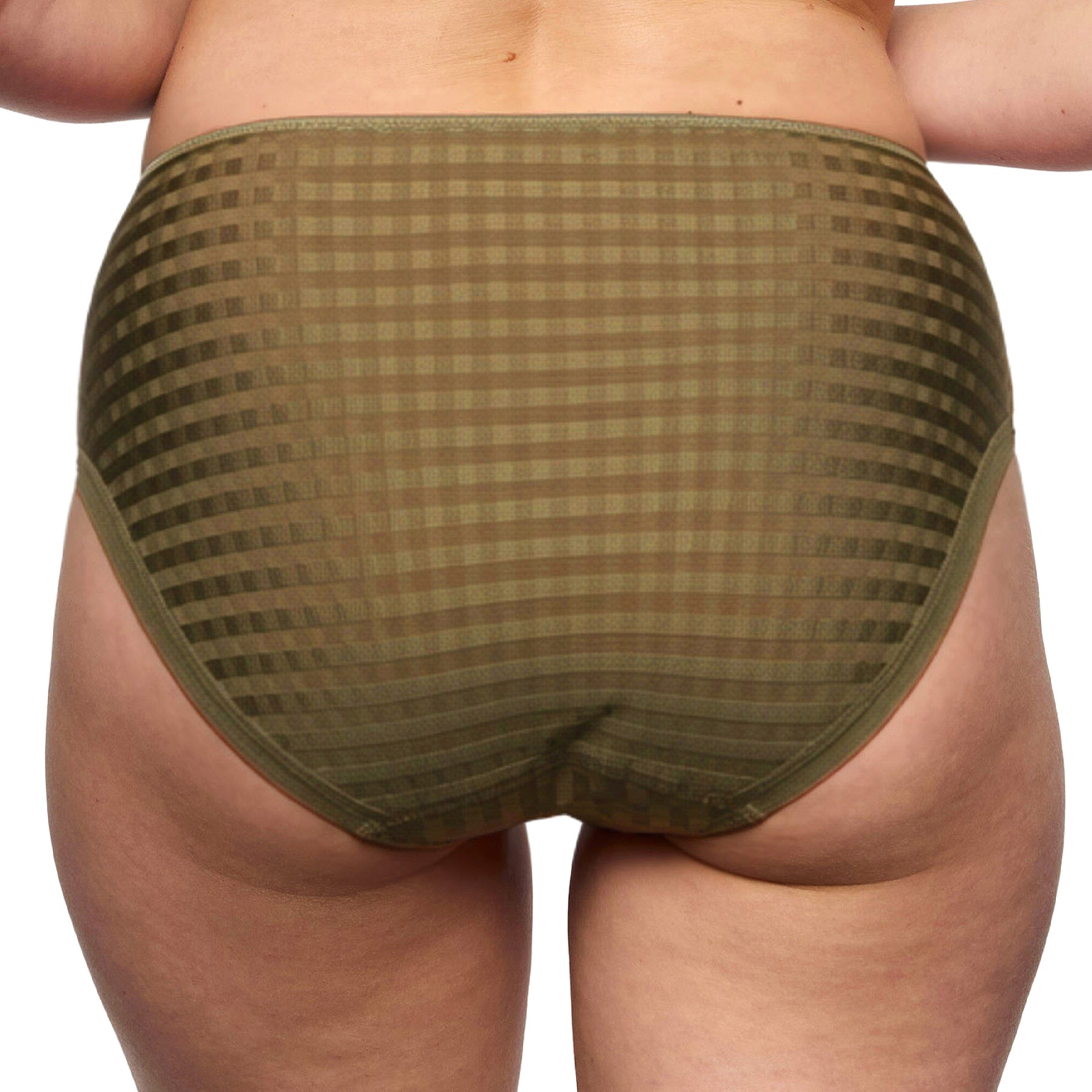 Olive green high-waisted brief with a sheer checkered pattern, shown from the back on a model.
