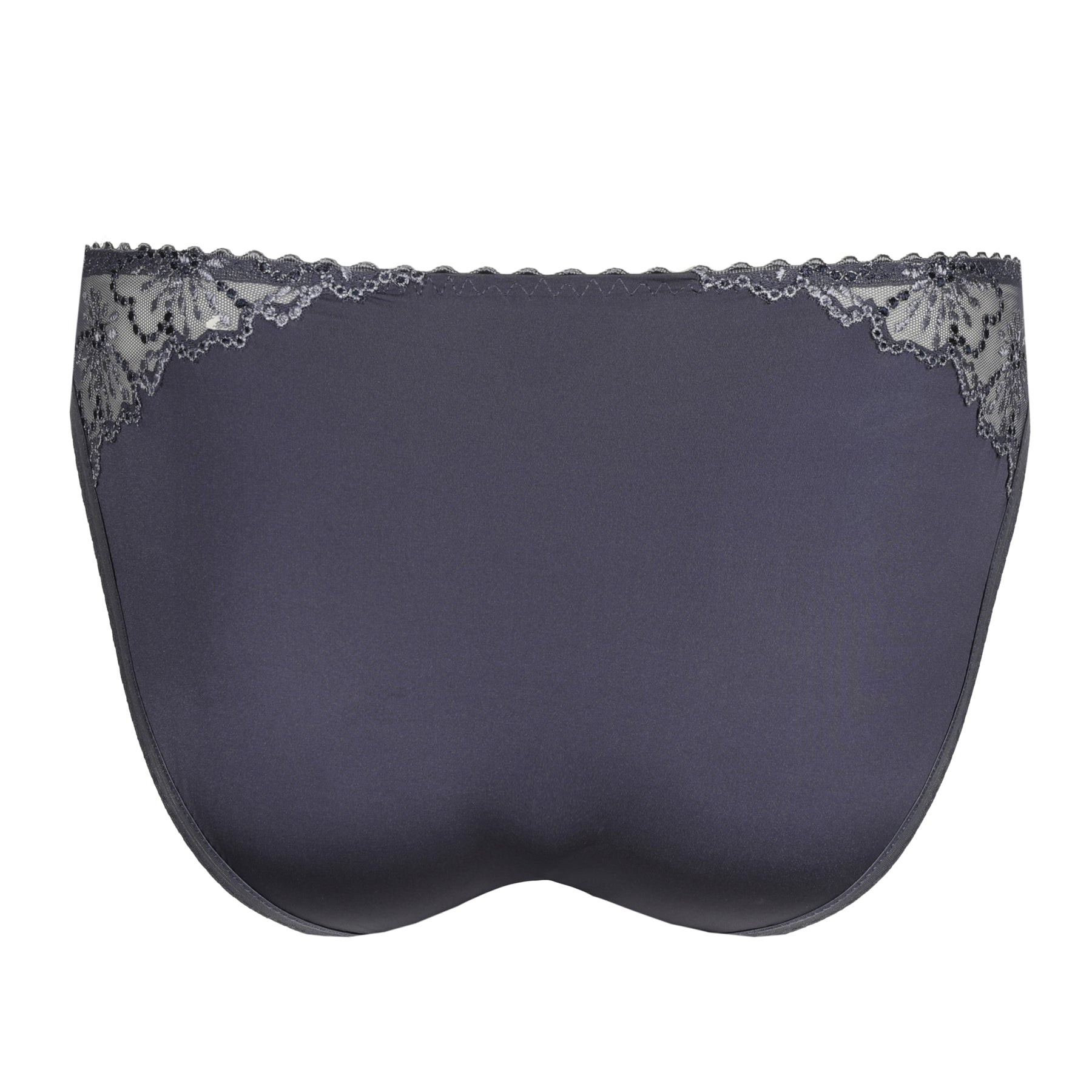 Back view of Blue Shadow thong in smooth satin finish with lace trim.