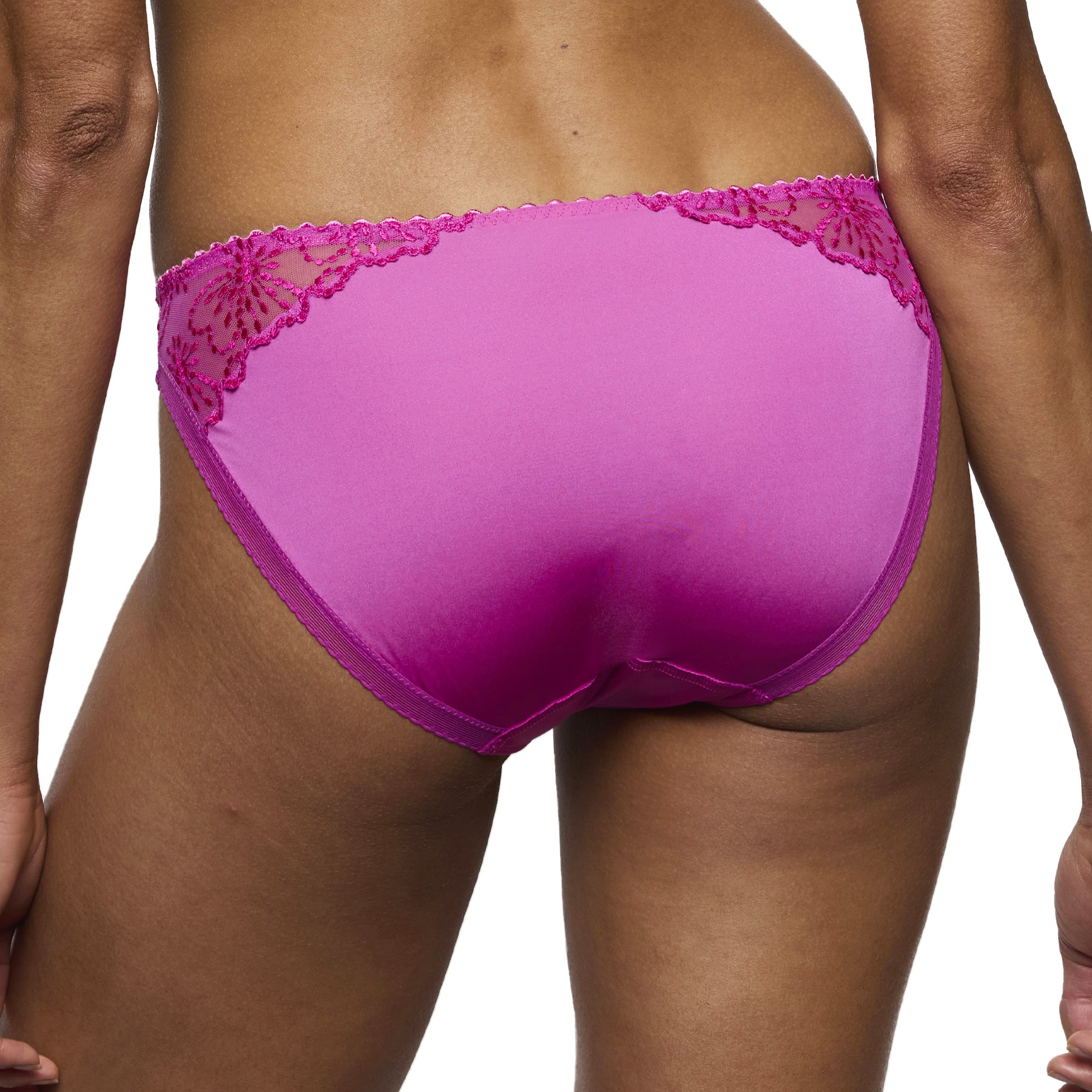 Back view of fuchsia lace rio brief with smooth fabric finish and lace accents at the hips.