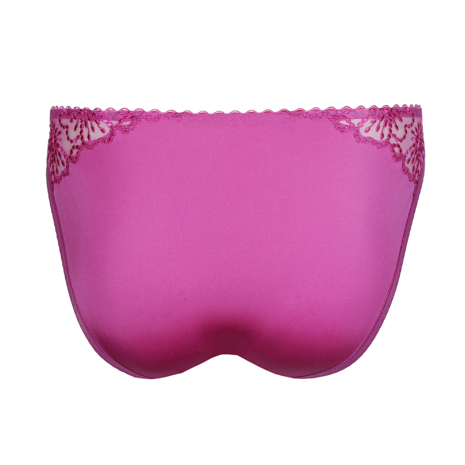 Back view of fuchsia lace rio brief showing full coverage and clean seam finish.