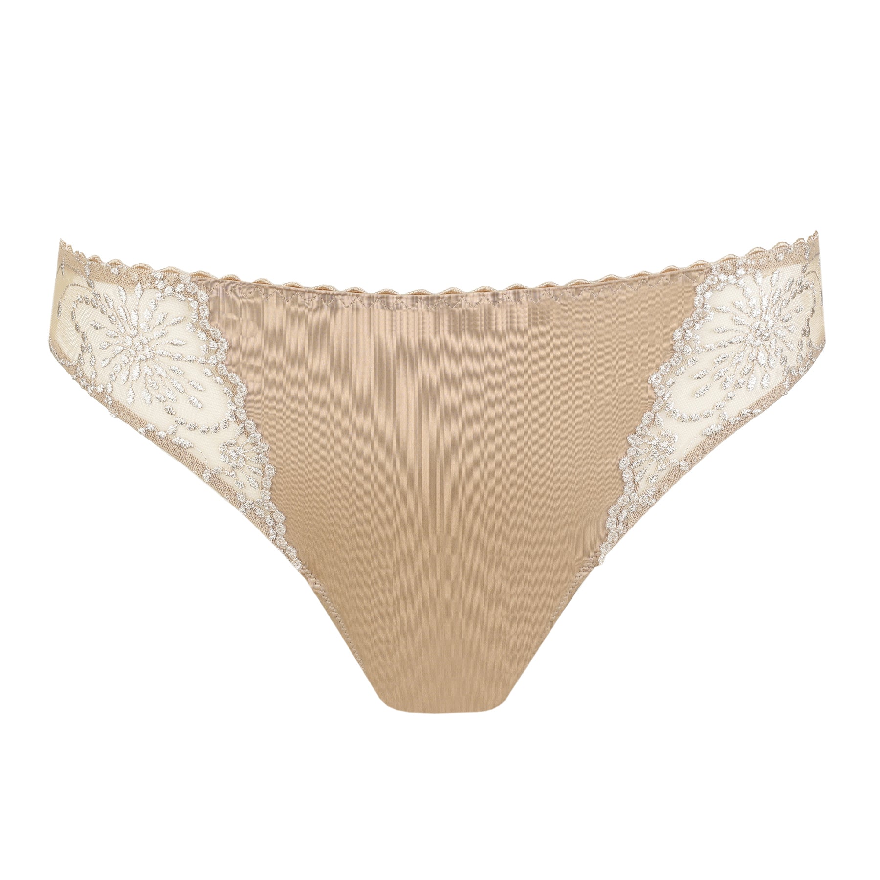 Marie Jo Jane Rio brief in Sand with elegant embroidered side panels, soft microfiber front, and a comfortable everyday silhouette.