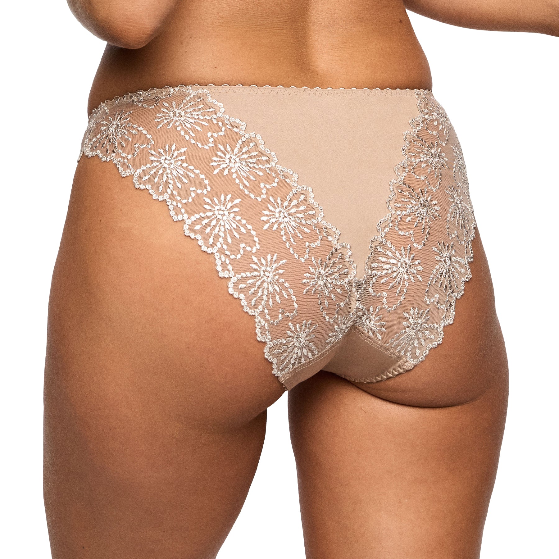 Marie Jo Jane luxury thong in Sand featuring delicate floral embroidery, sheer lace back panels, and a smooth, flattering fit.