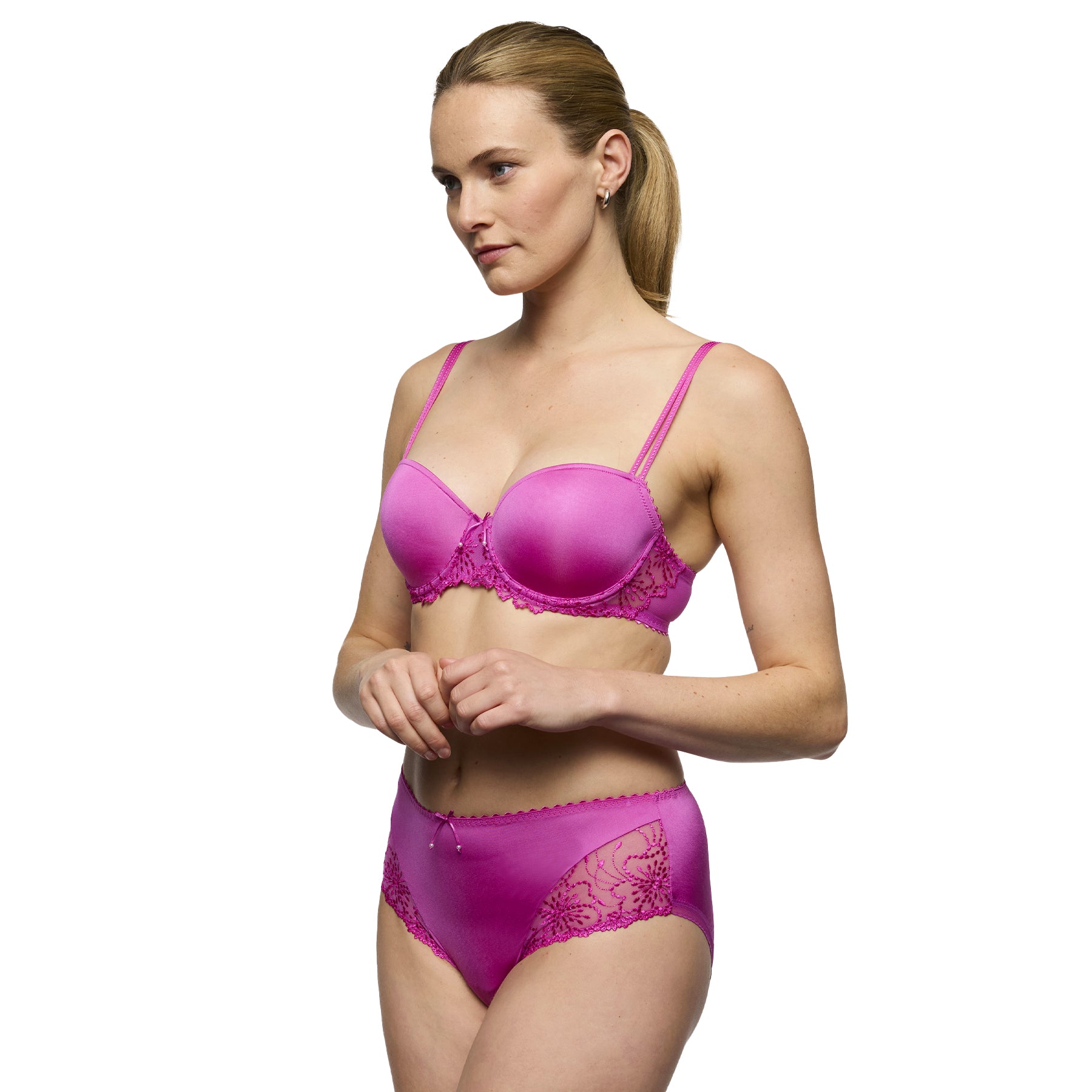 Model wearing Marie Jo Jane full brief in Orchid Bliss with smooth satin front and lace side panels
