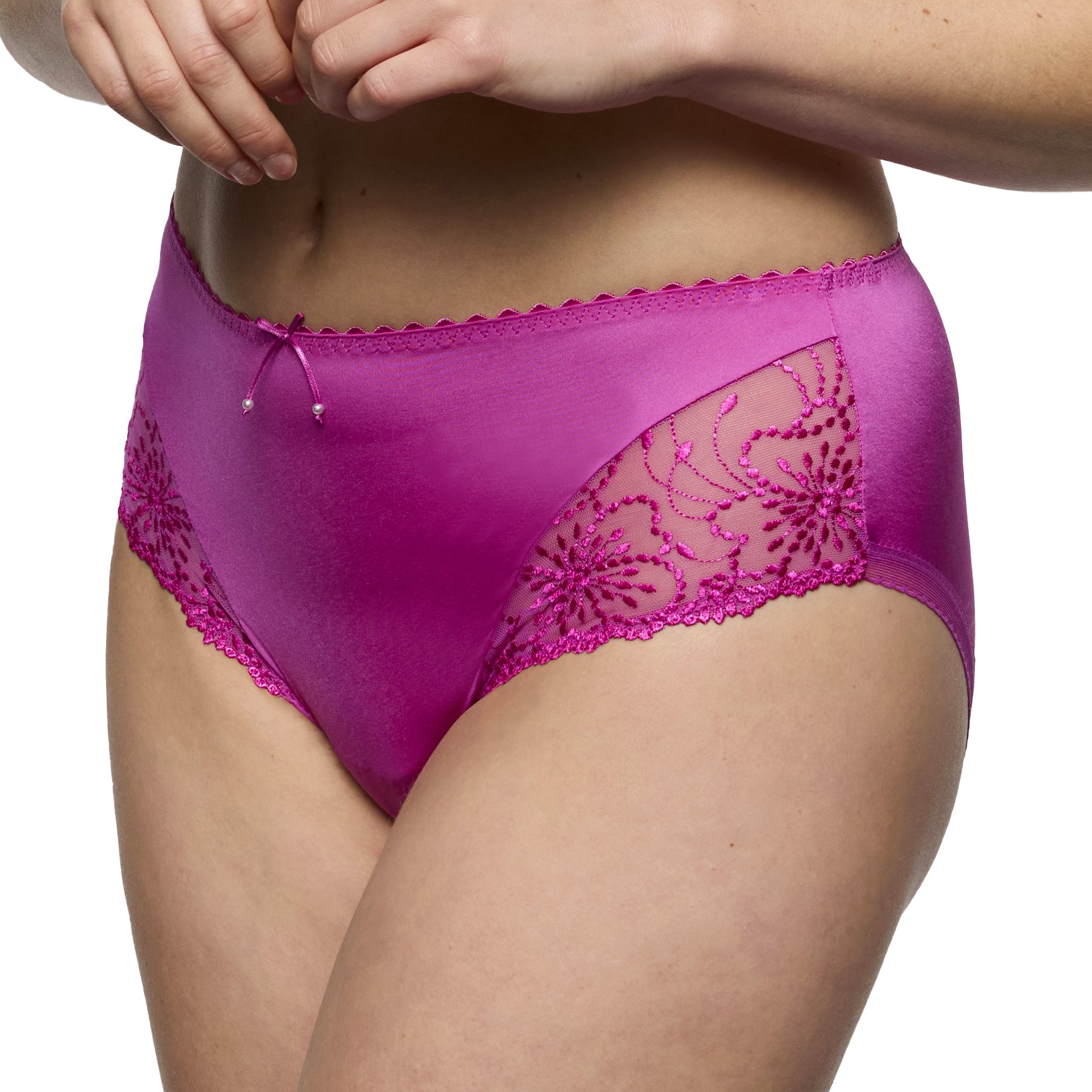 Angled front view of Marie Jo Jane full brief in Orchid Bliss highlighting floral lace and satin fabric
