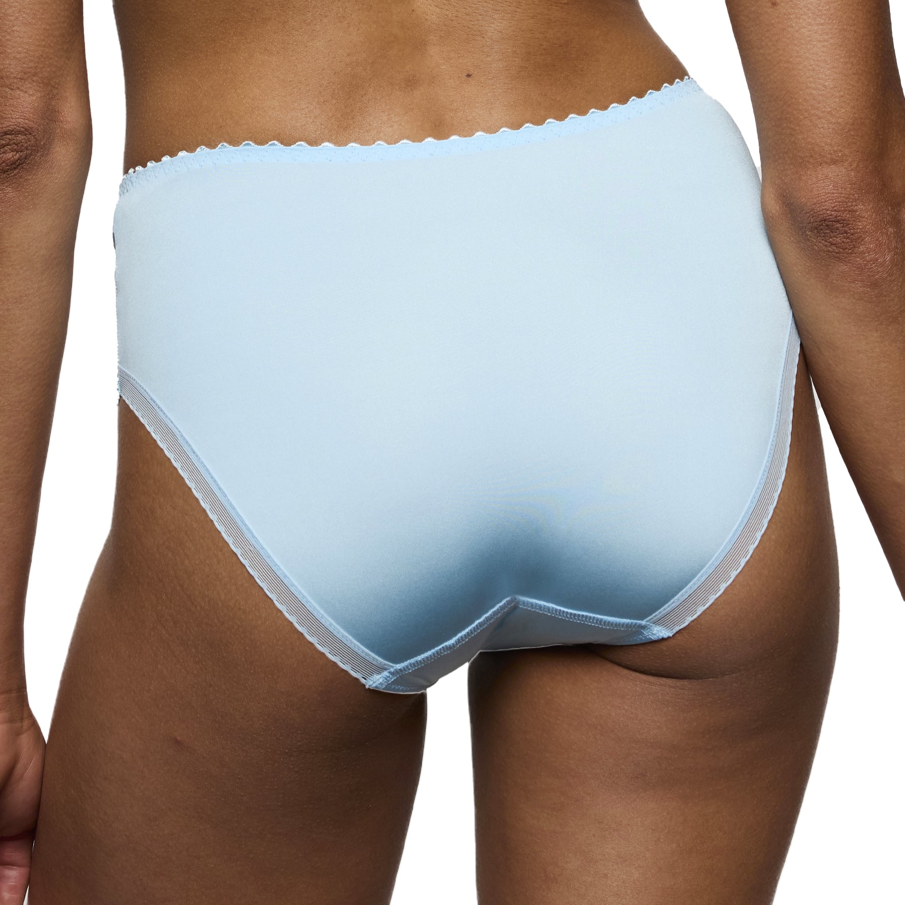 Back view of light blue bikini underwear with smooth microfiber finish and scalloped trim