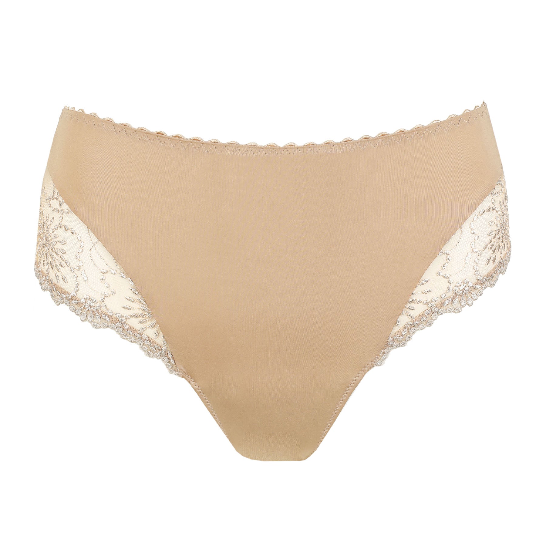 Marie Jo Jane full brief in Sand with embroidered lace side panels, soft microfiber fabric, and a flattering high-rise silhouette.