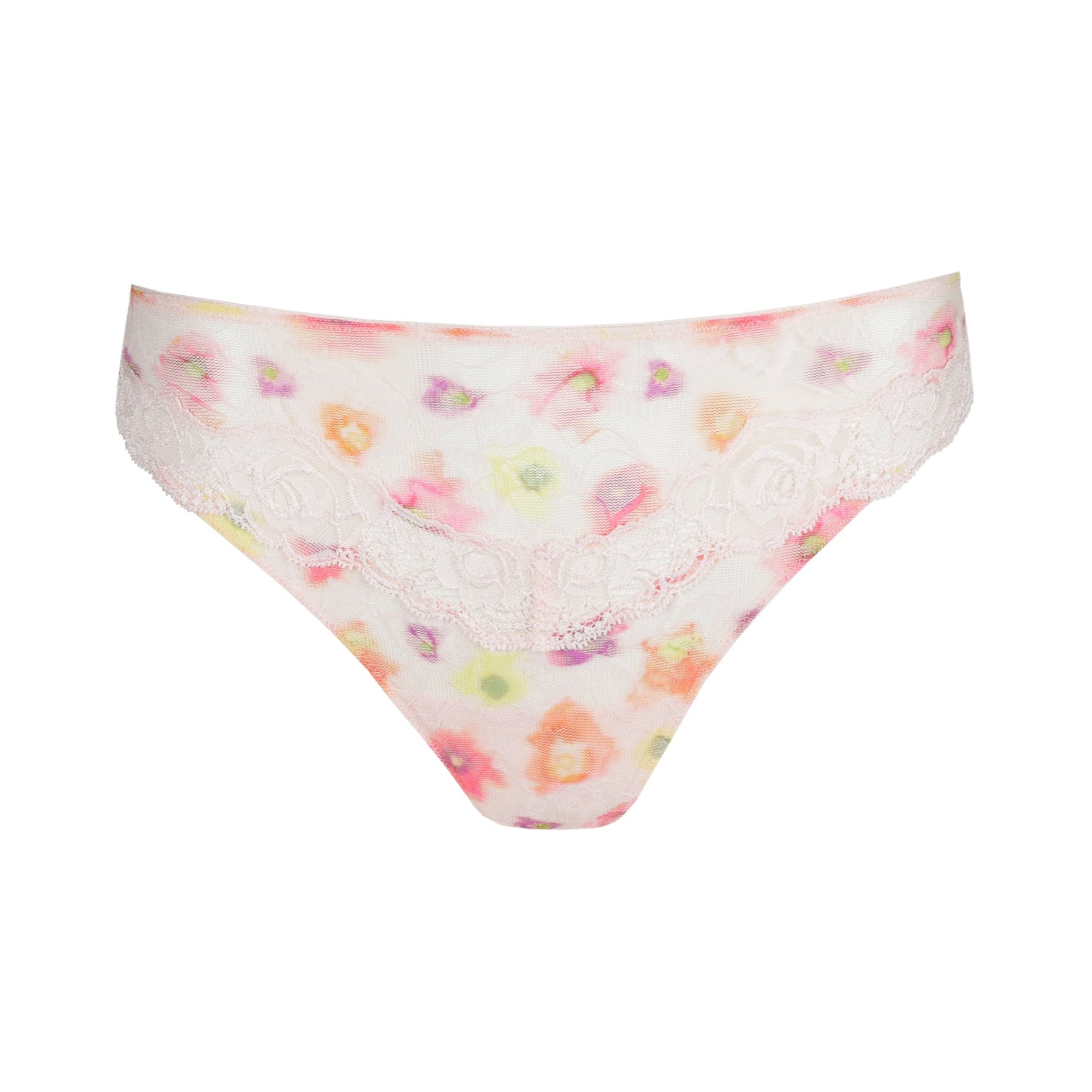 Product image of a sheer floral mesh panty with pastel watercolor print and scalloped lace detailing on the front.