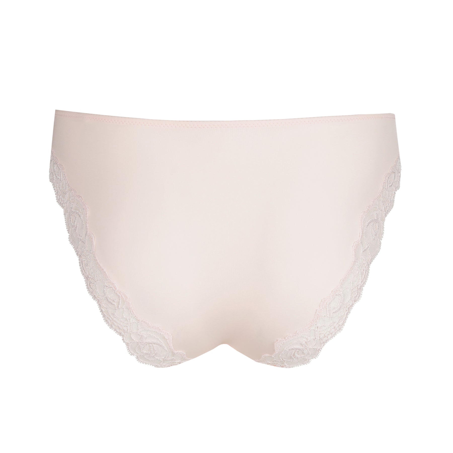Product image of the back side of the panty in soft pink, featuring a clean finish with lace accents at the sides.