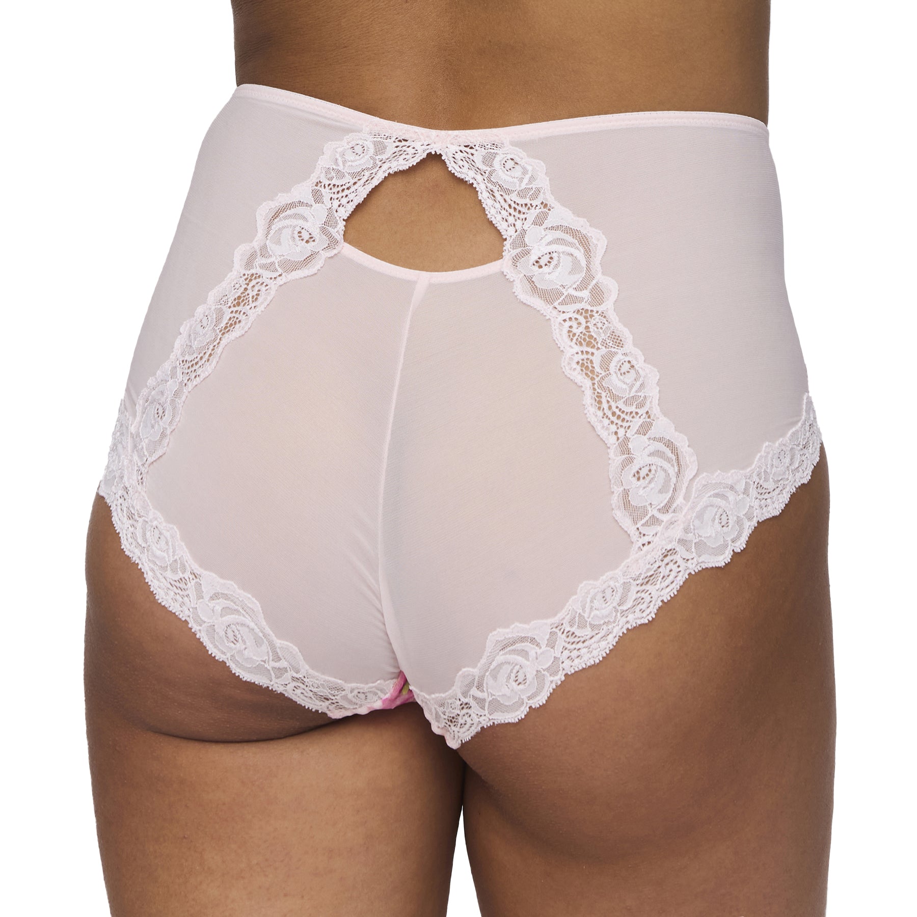 Back view of a woman wearing the Selyna full brief in soft pink, featuring a keyhole cutout and rose lace trim that frames the mesh panels.