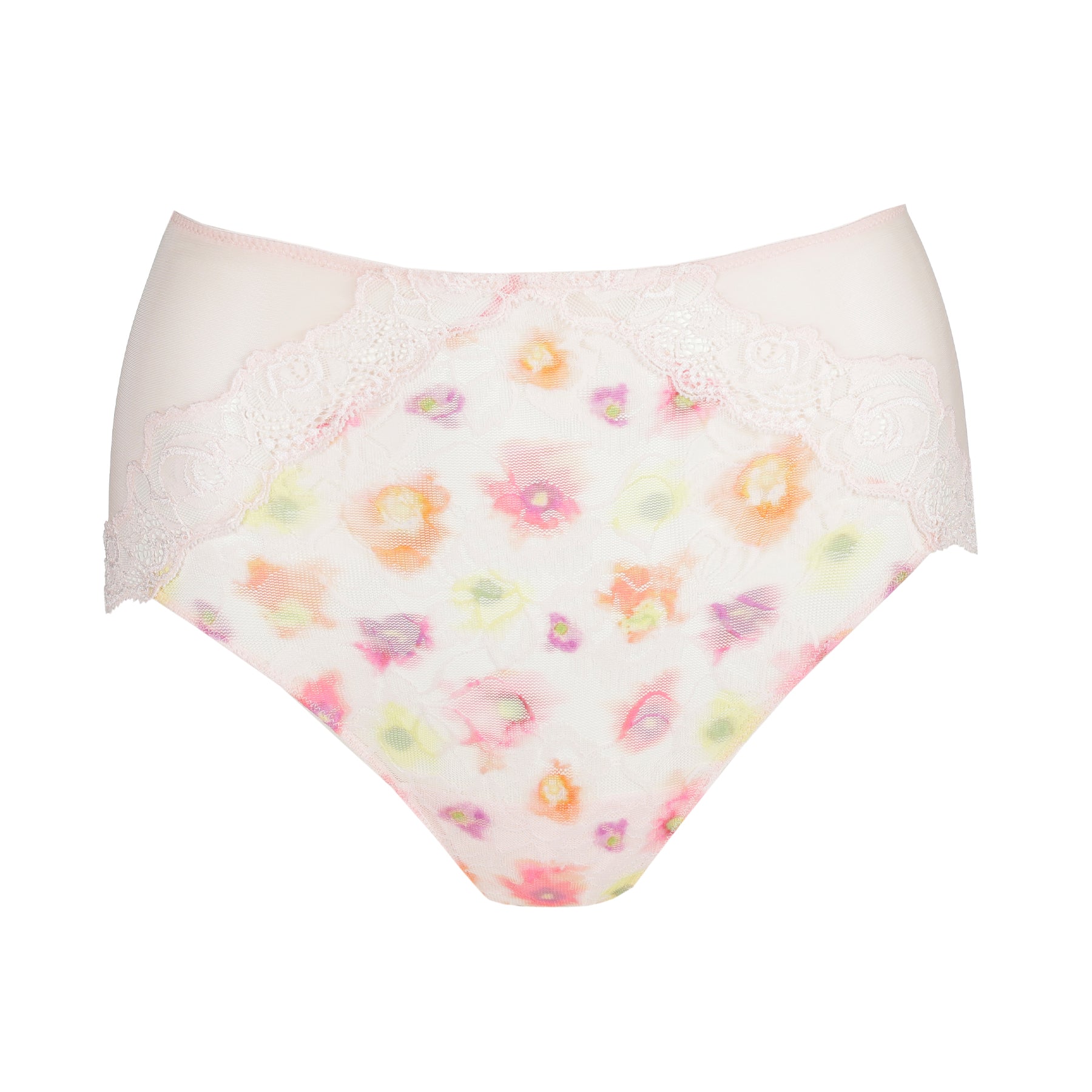 Product image of the front of the Selyna full brief, showcasing a watercolor floral mesh panel with scalloped lace details and smooth microfiber sides.