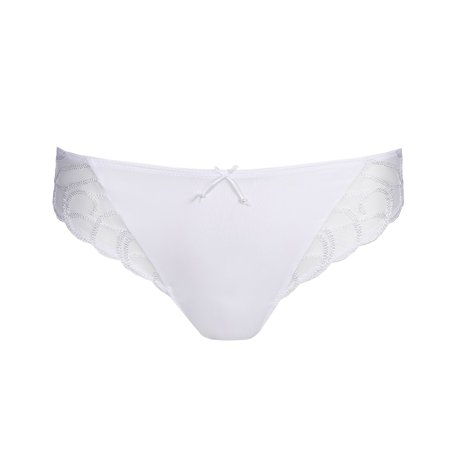 White bikini underwear with smooth front panel and sheer embroidered lace sides, flat lay on white background.