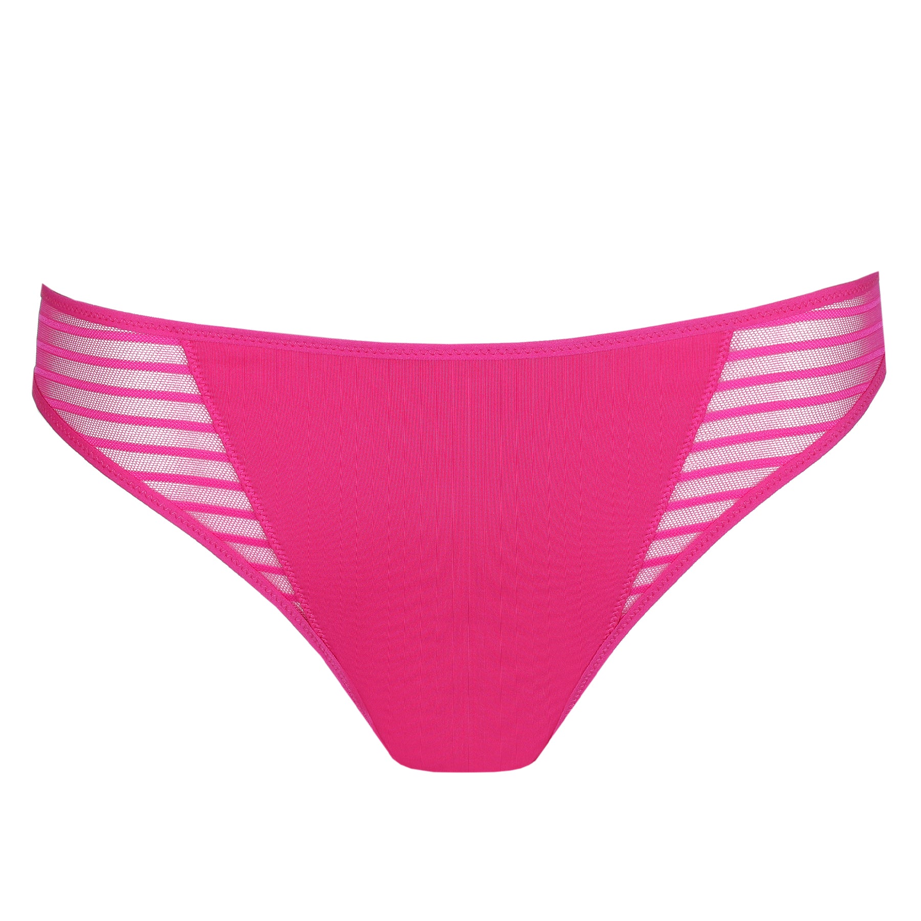 Very berry pink bikini brief with a smooth microfiber front, sheer striped mesh side panels, and a low-rise silhouette for everyday comfort.