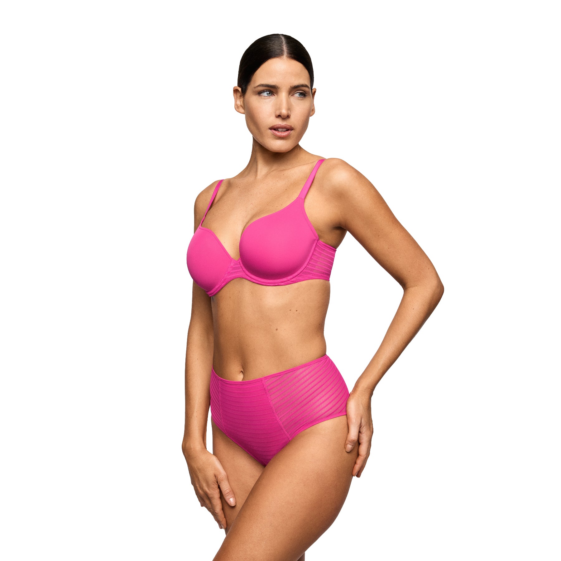 Model wearing the very berry pink molded T-shirt bra with matching high-waist briefs featuring sheer striped mesh panels for a modern, supportive look.