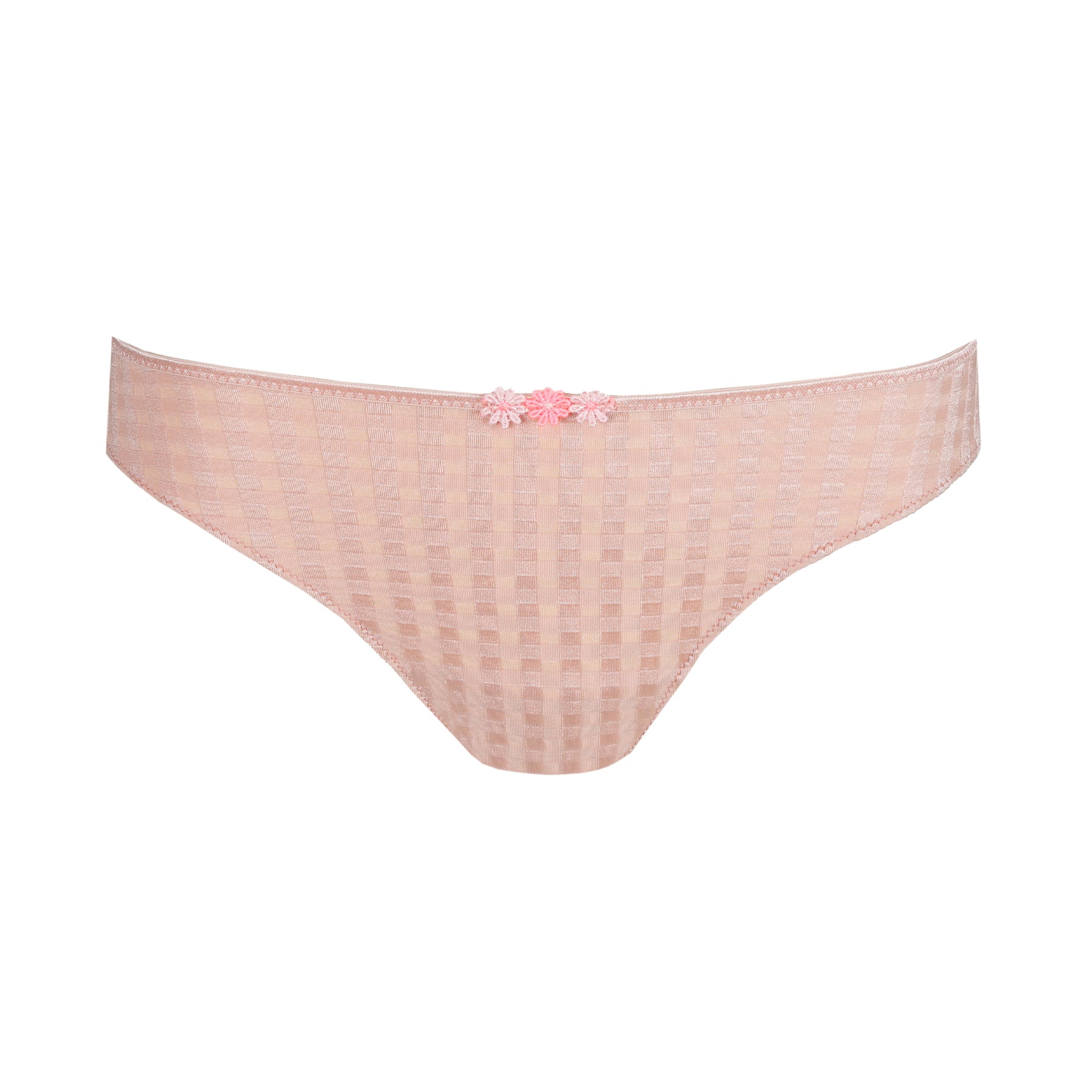 Flat lay of pastel pink gingham bikini panties with pink floral embroidery at the waistband.