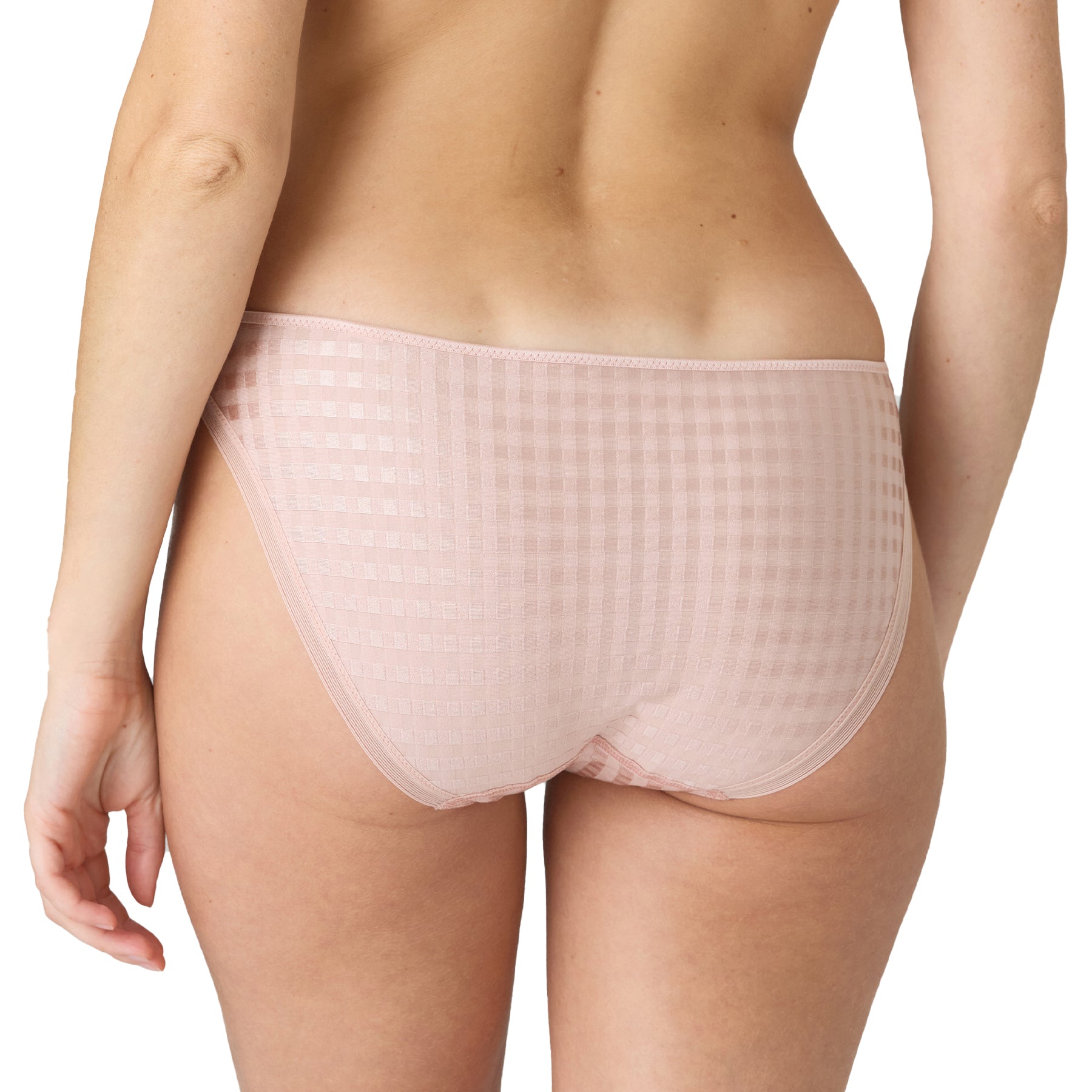 Back view of pink gingham bikini panties showing soft sheer fabric and seamless finish.