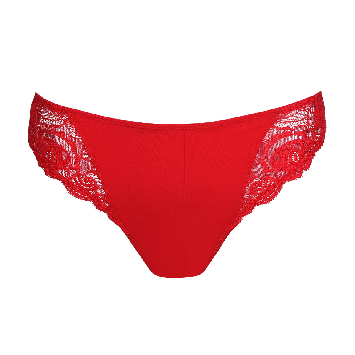 True Red bikini brief with smooth front panel and sheer floral lace sides, front product view.