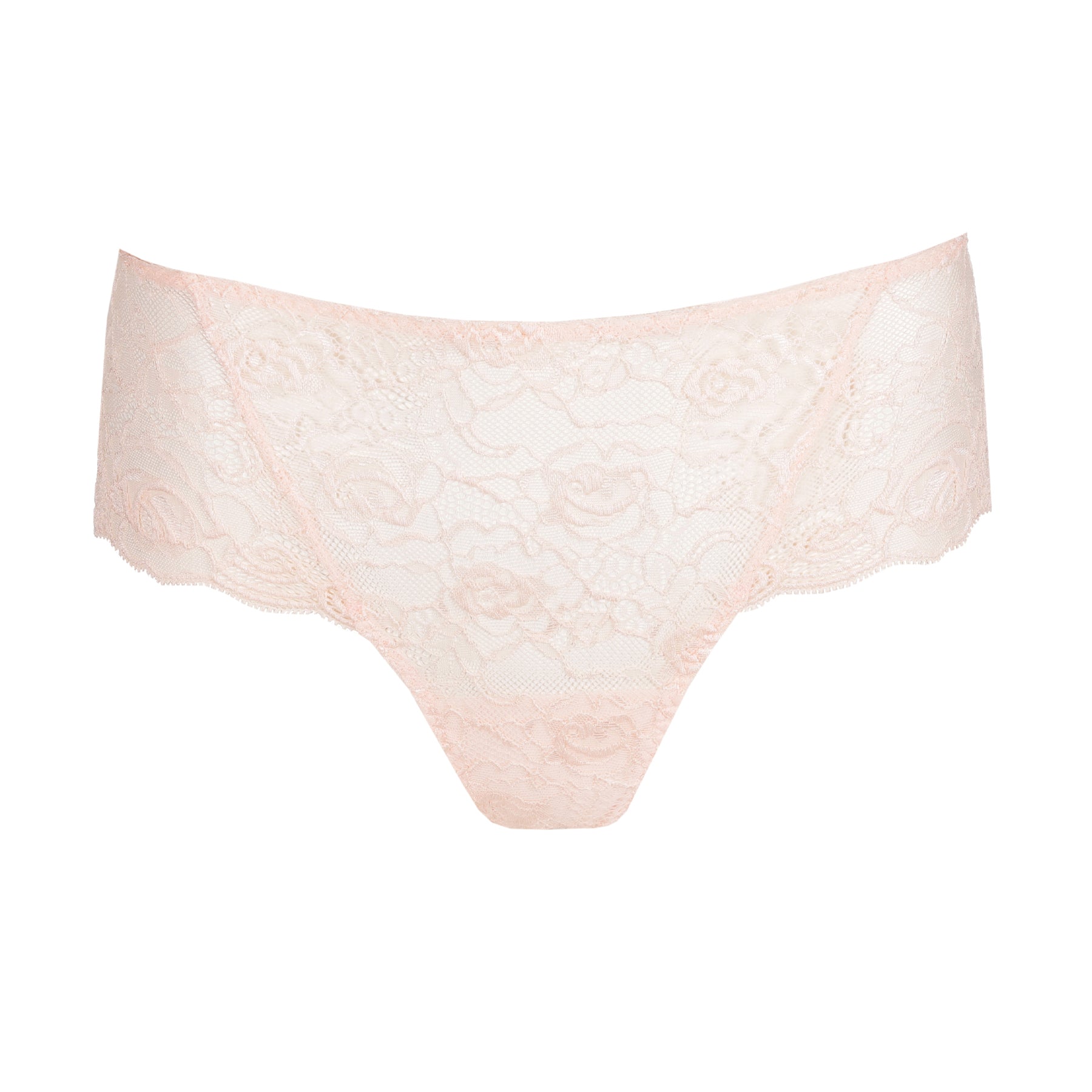 Front flat lay of blush pink lace thong with low-rise cut and floral lace detailing.