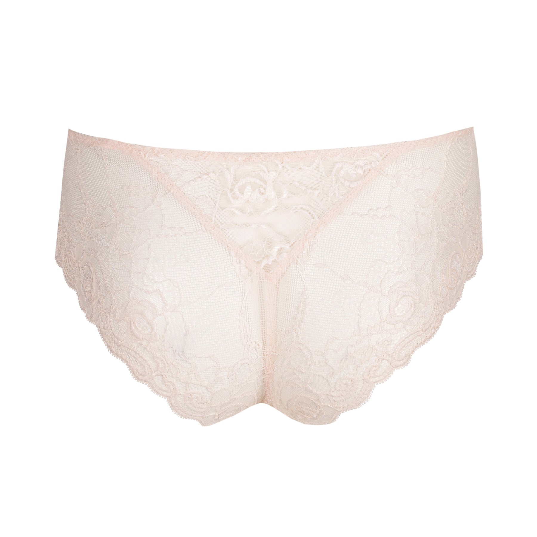 Back flat lay of blush pink lace thong showing delicate sheer lace and scalloped trim.