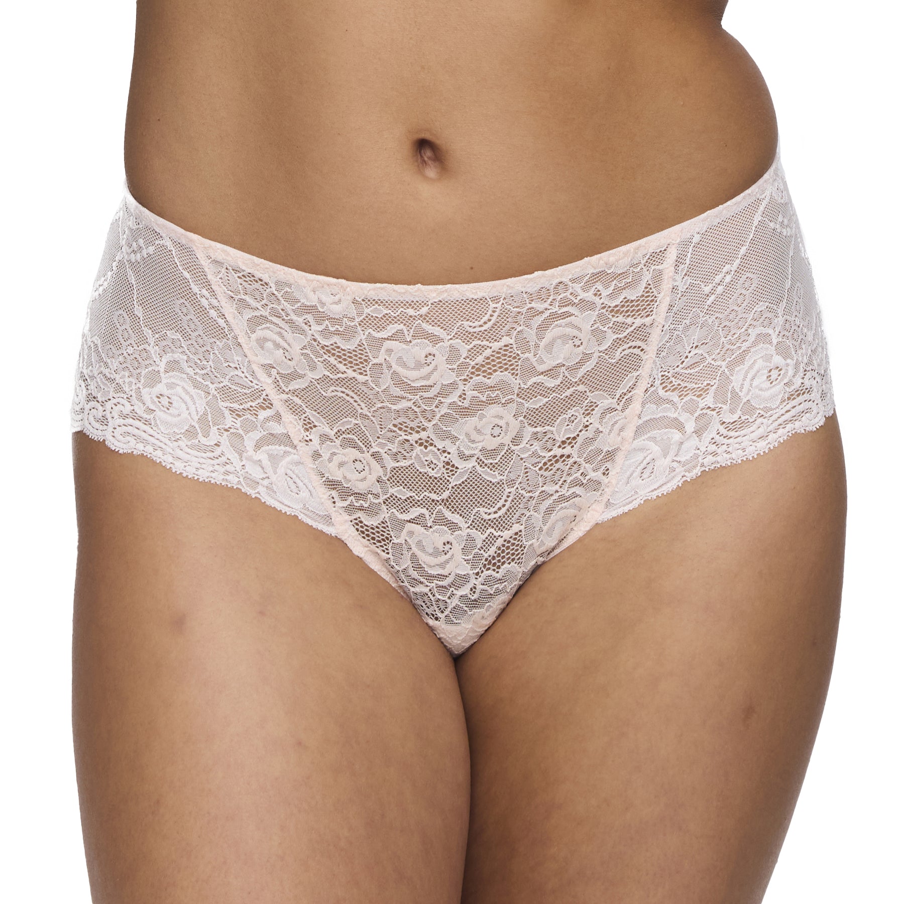 Front view of a woman wearing a blush pink floral lace thong with soft waistband and full lace front.