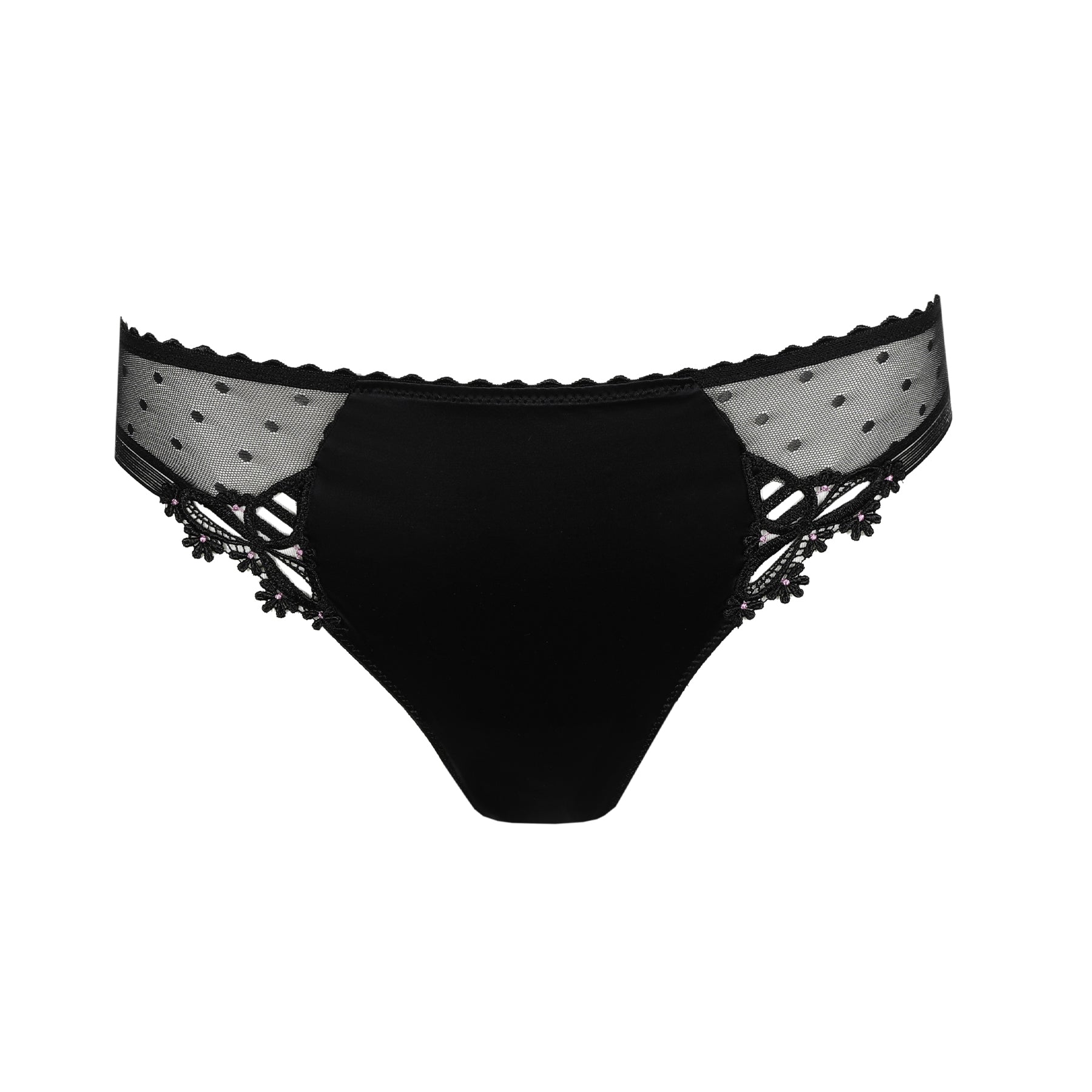 Flat lay of the Marie Jo Noova black rio brief on a white background, showcasing the satin-look front and sheer mesh sides.