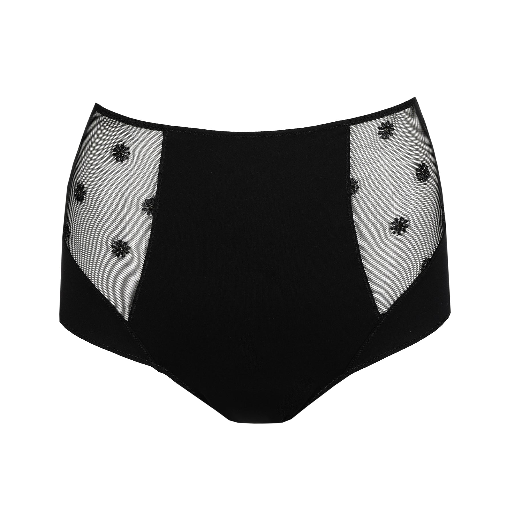 Front view of a black high-waisted brief with smooth fabric and sheer mesh side panels with floral embroidery.