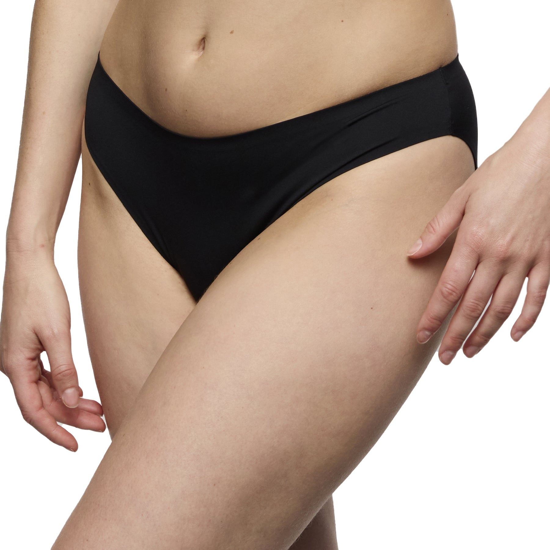 Black smooth bikini brief with lightweight stretch material and minimal seam design