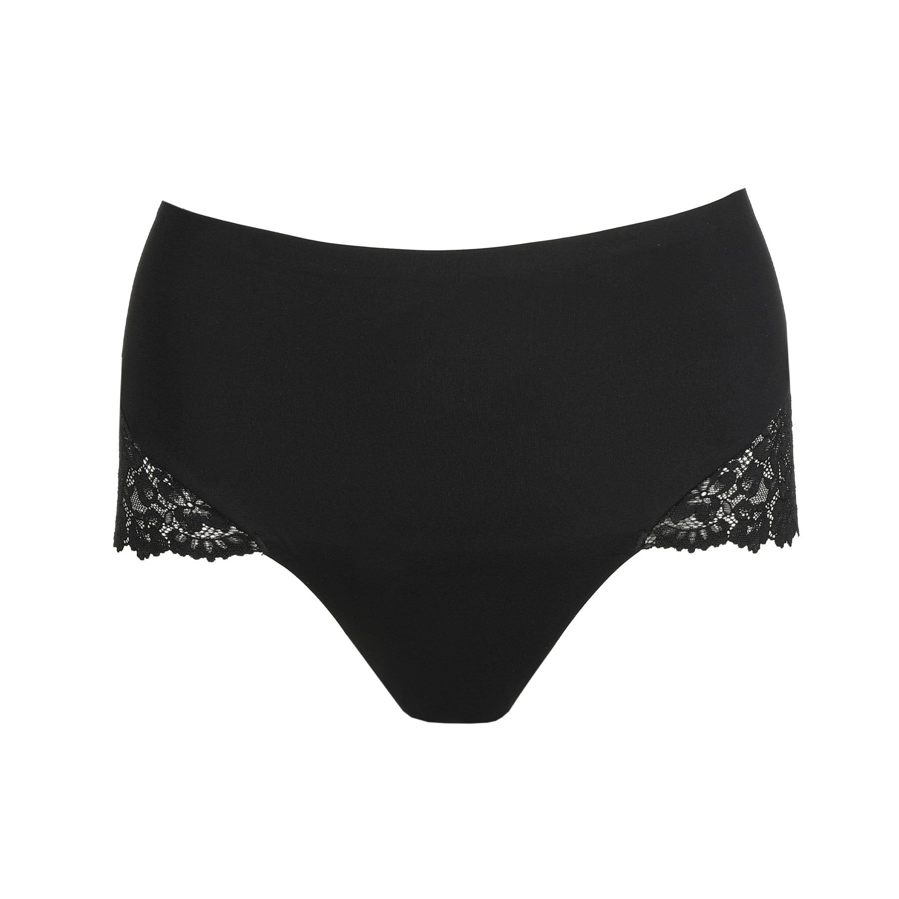 Black high waist brief with smooth seamless front and delicate floral lace side panels on white background