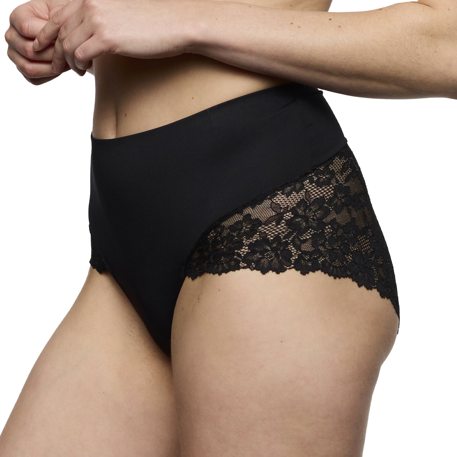 Black shaping brief with high rise waist, smooth fabric front and delicate lace side panels