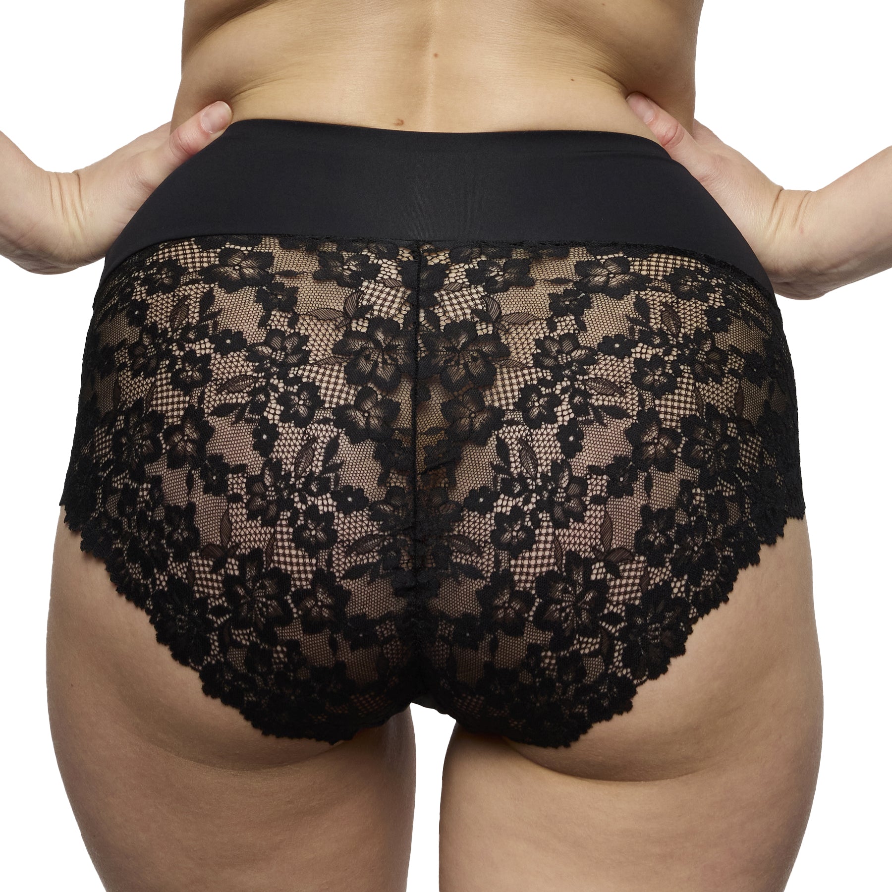 Back view of black high waist brief with full floral lace back and scalloped lace finish