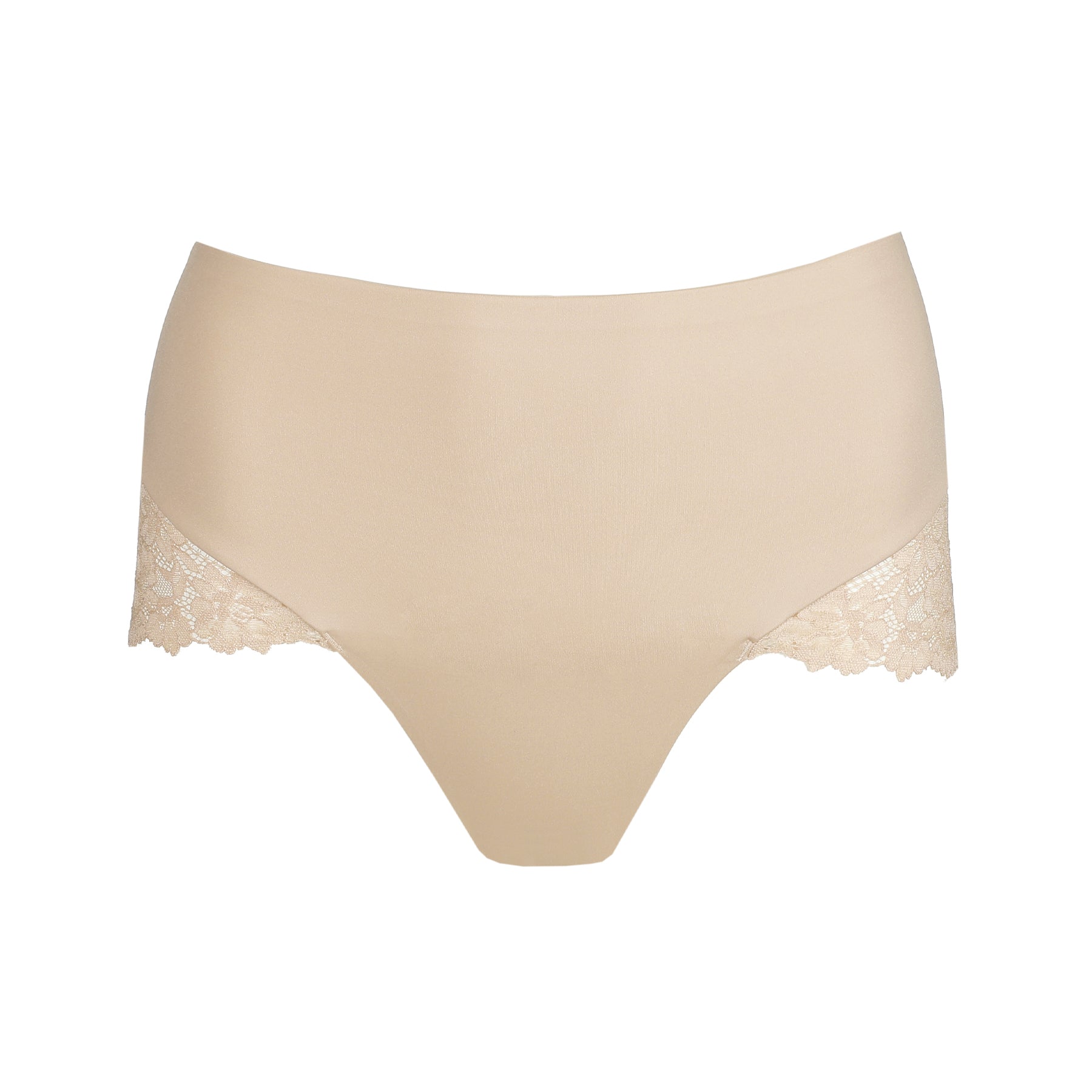 Nude high waist brief with smooth seamless front and delicate floral lace side panels on white background