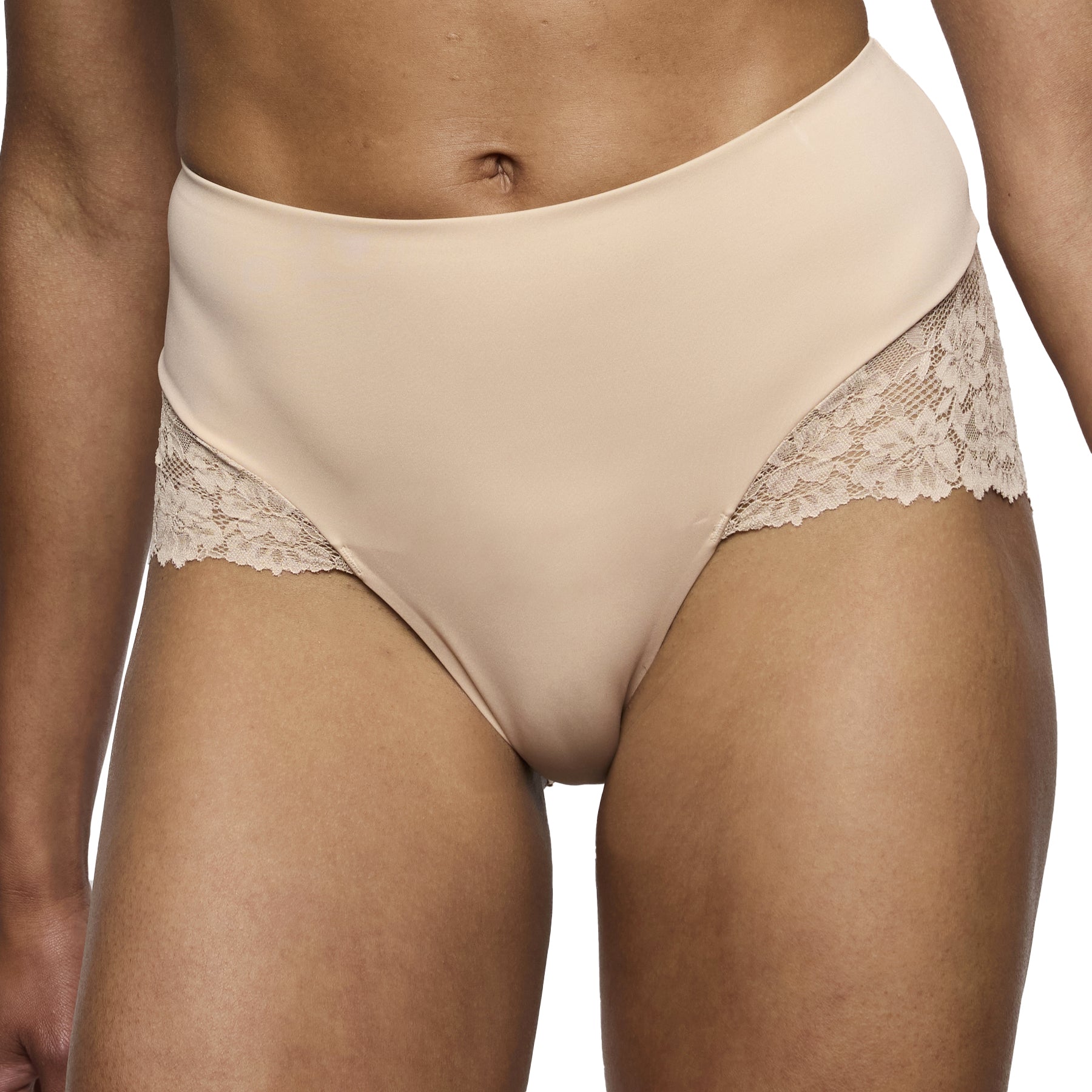 Nude high waist brief with smooth stretch front panel and soft floral lace side inserts