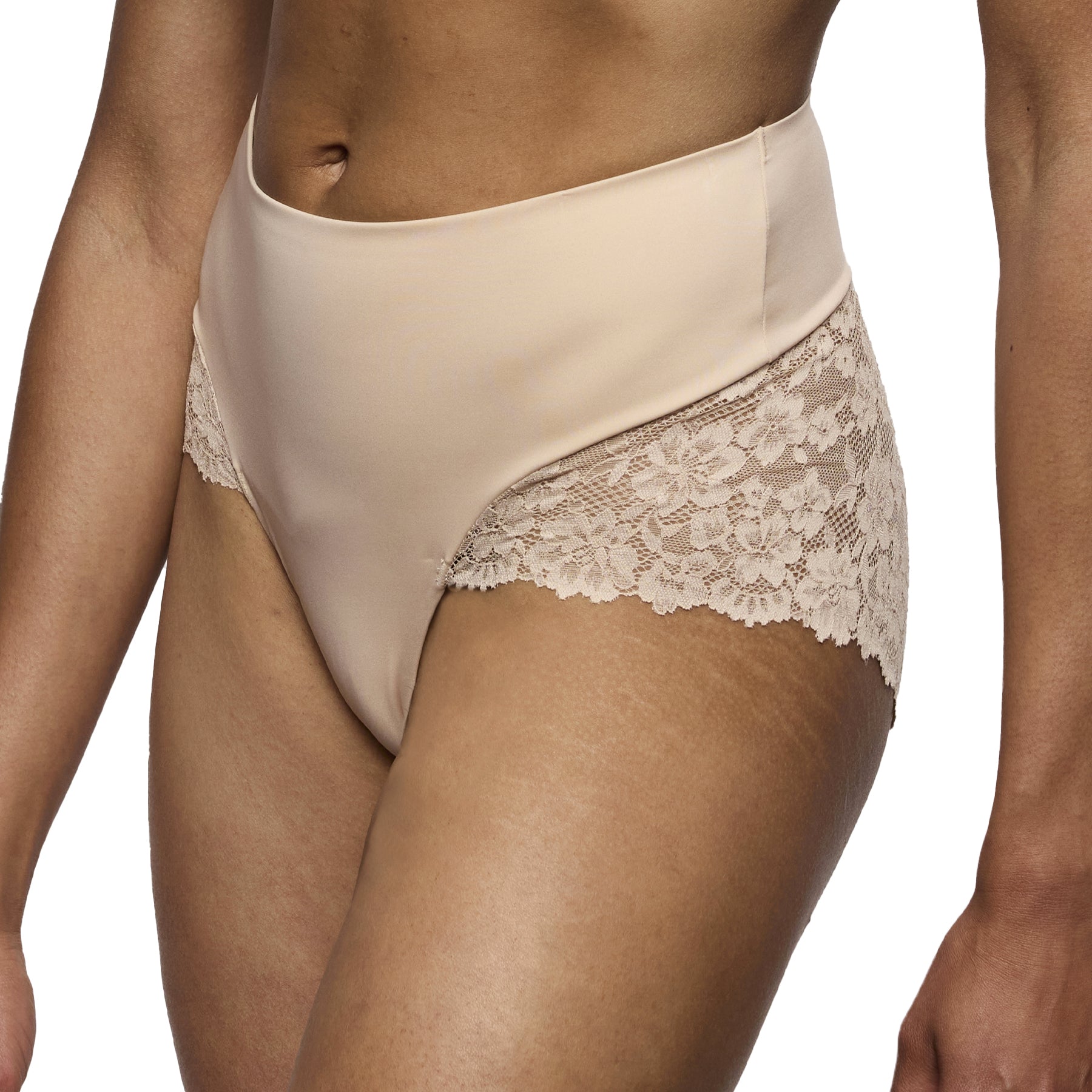 Nude shaping brief with high rise waist, smooth fabric front and delicate lace side panels