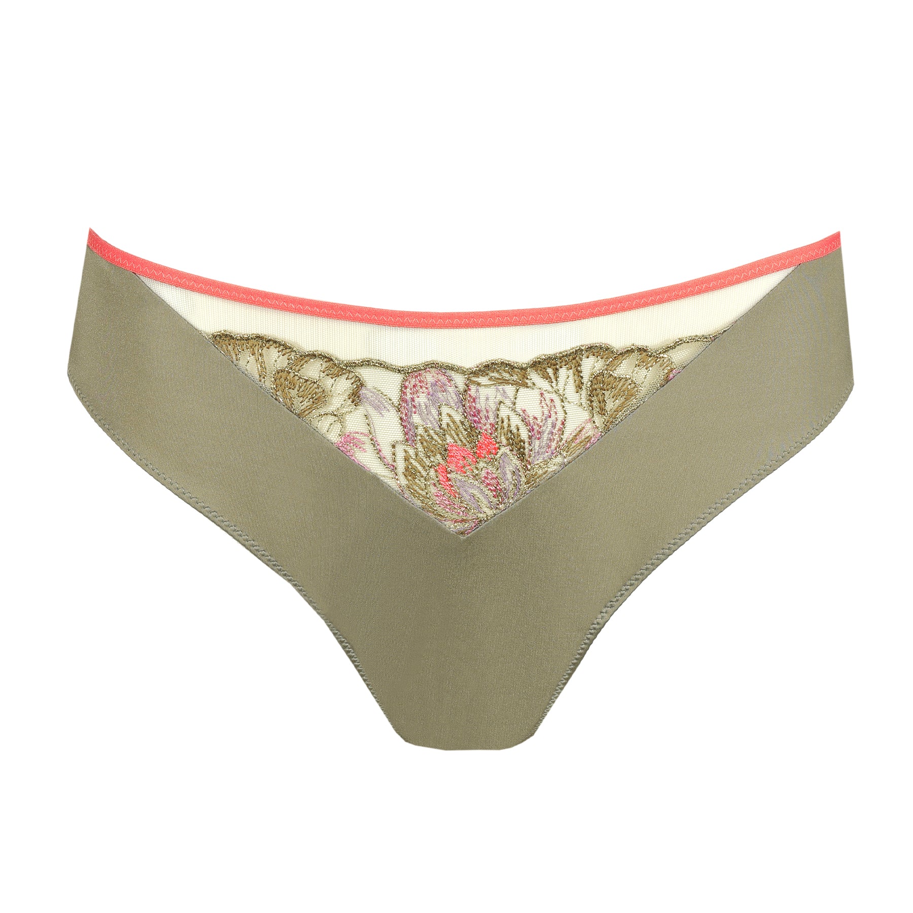 Olive green bikini brief with floral embroidered mesh front panel and bright coral trim.